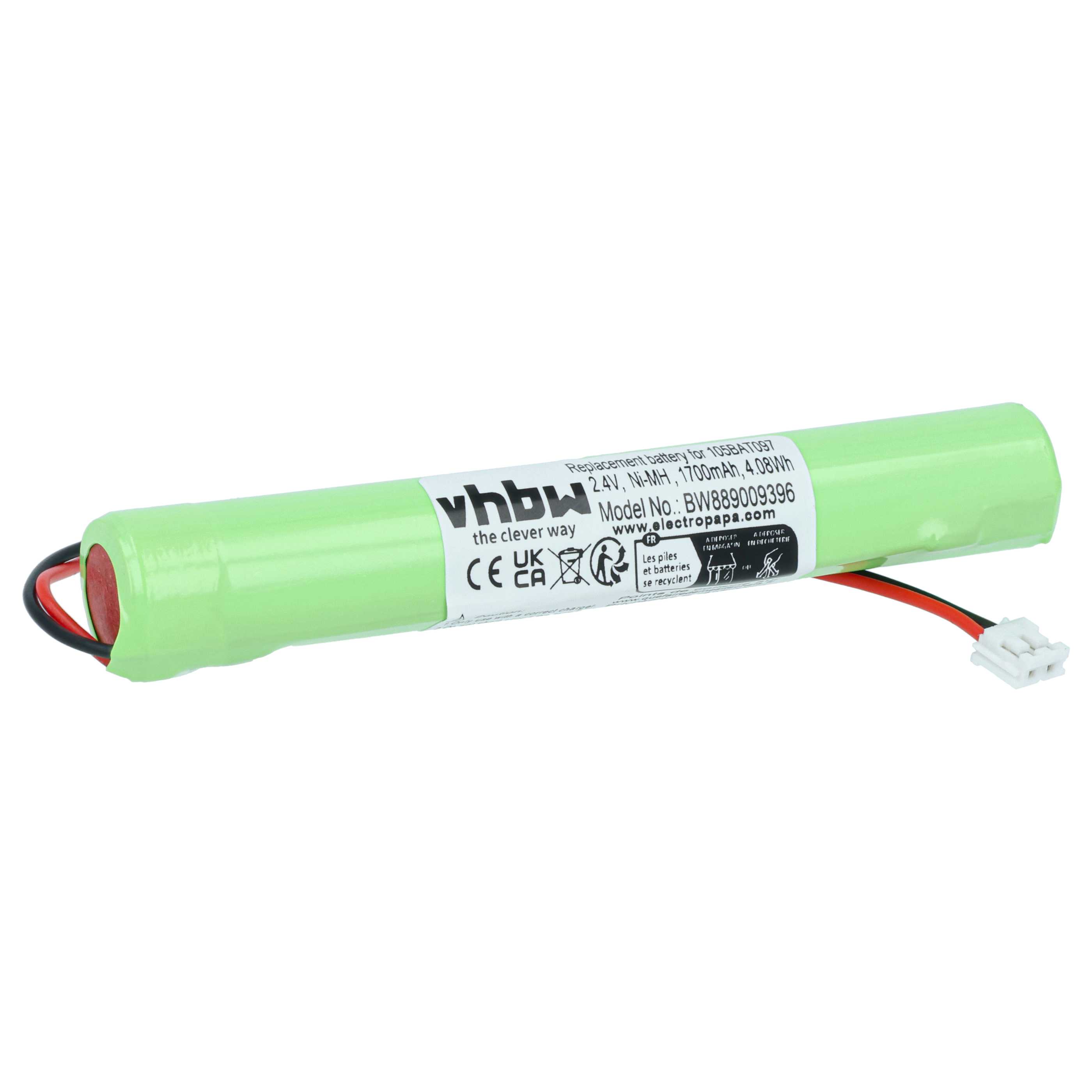 Emergency Light Battery replaces Kaufel 105BAT091 (Ni-Cd), 105BAT097 - 1700 mAh 2.4 V NiMH + cable