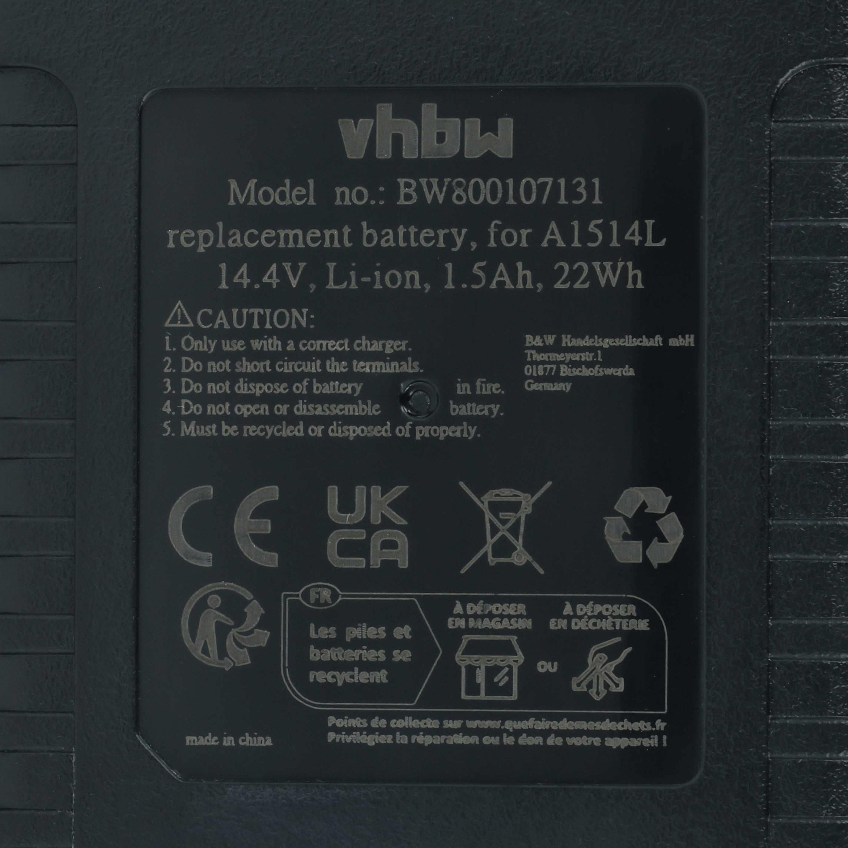 Battery replaces Black & Decker A1514L Electric Power Tool - 1500 mAh, 14.4 V, Li-Ion