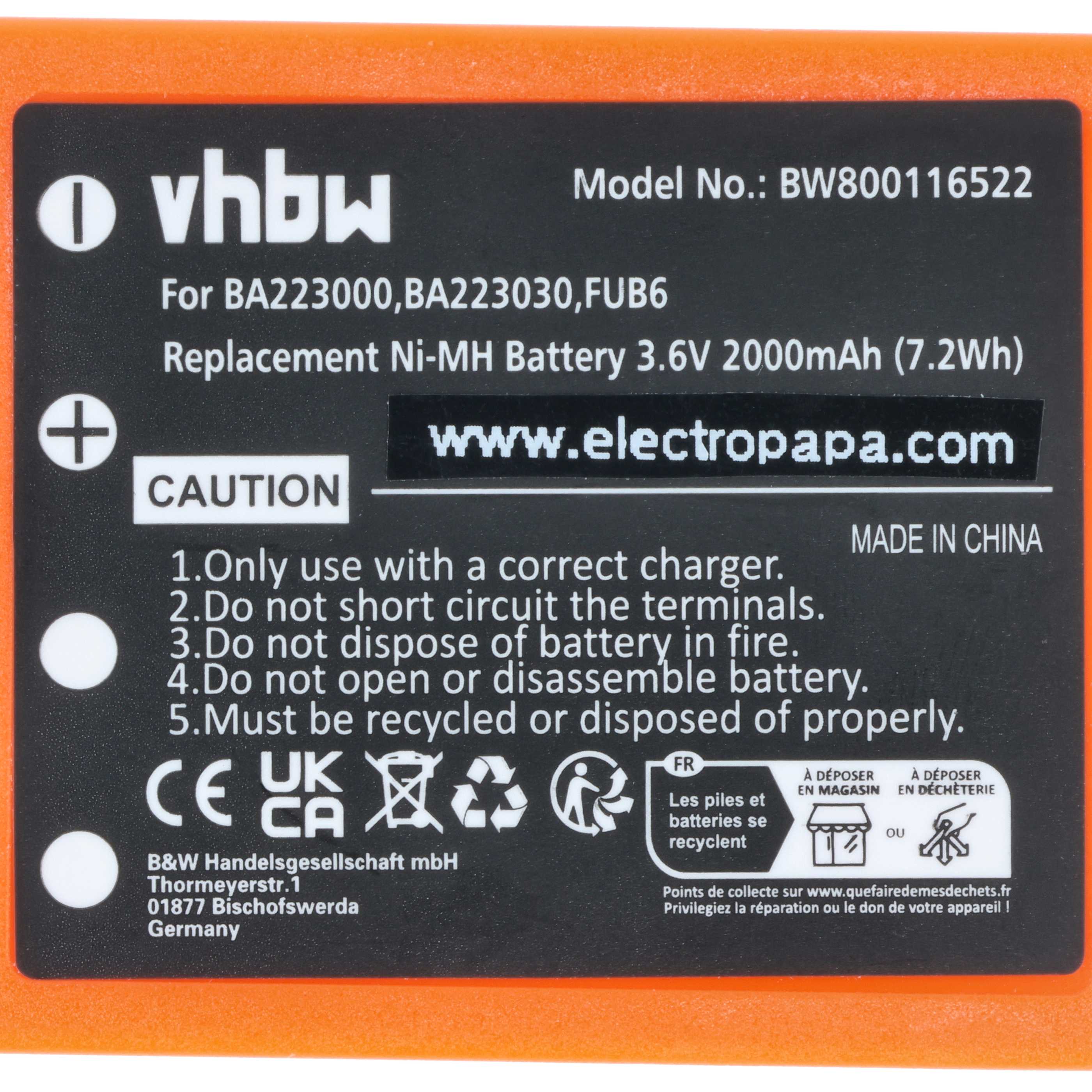 Battery as Replacement for HBC BA223031, BA223001, BA223000, BA223030 Remote Control - 2000 mAh 3.6 V NiMH