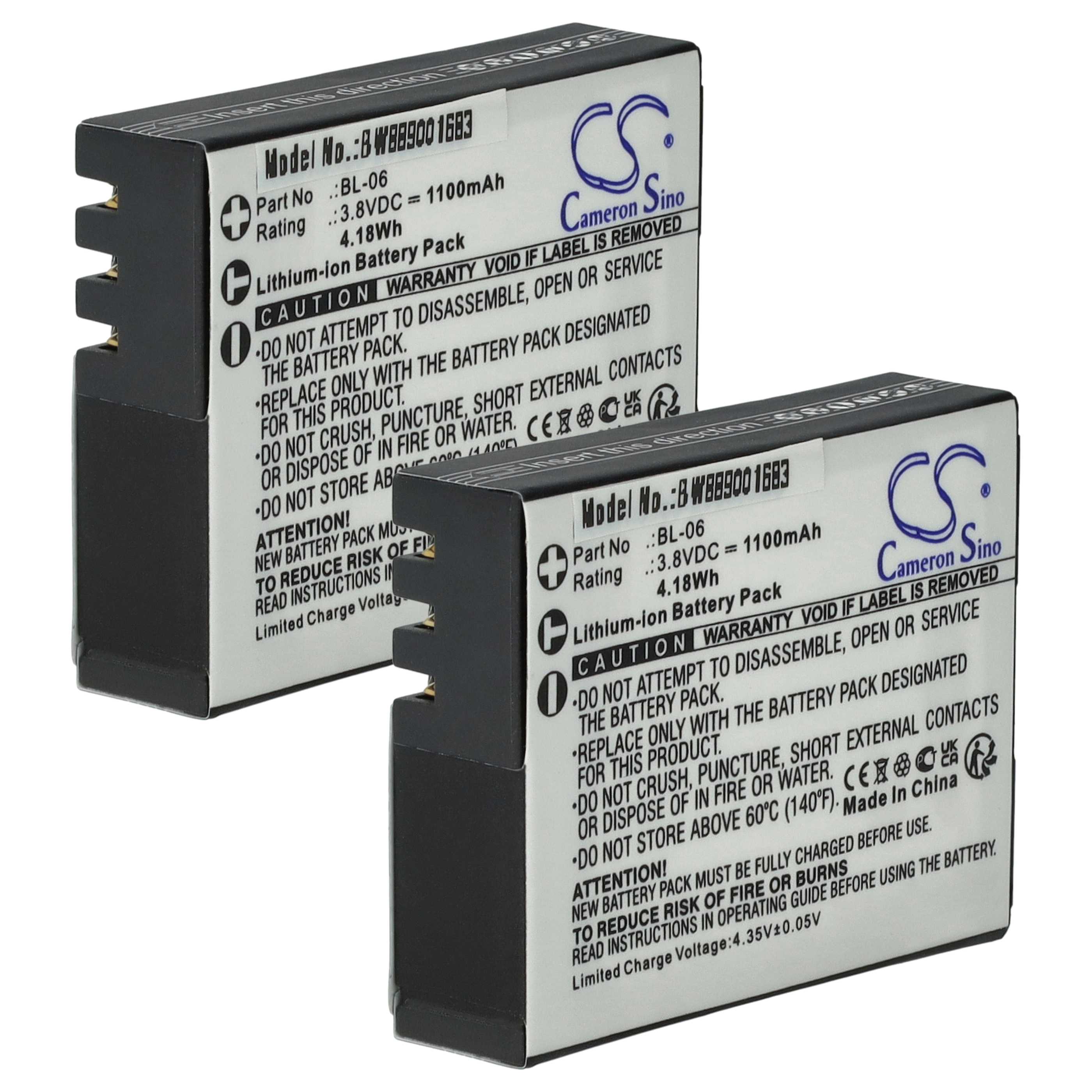 2x Battery replaces BL-06 - 1100mAh, 3.8V, Li-Ion