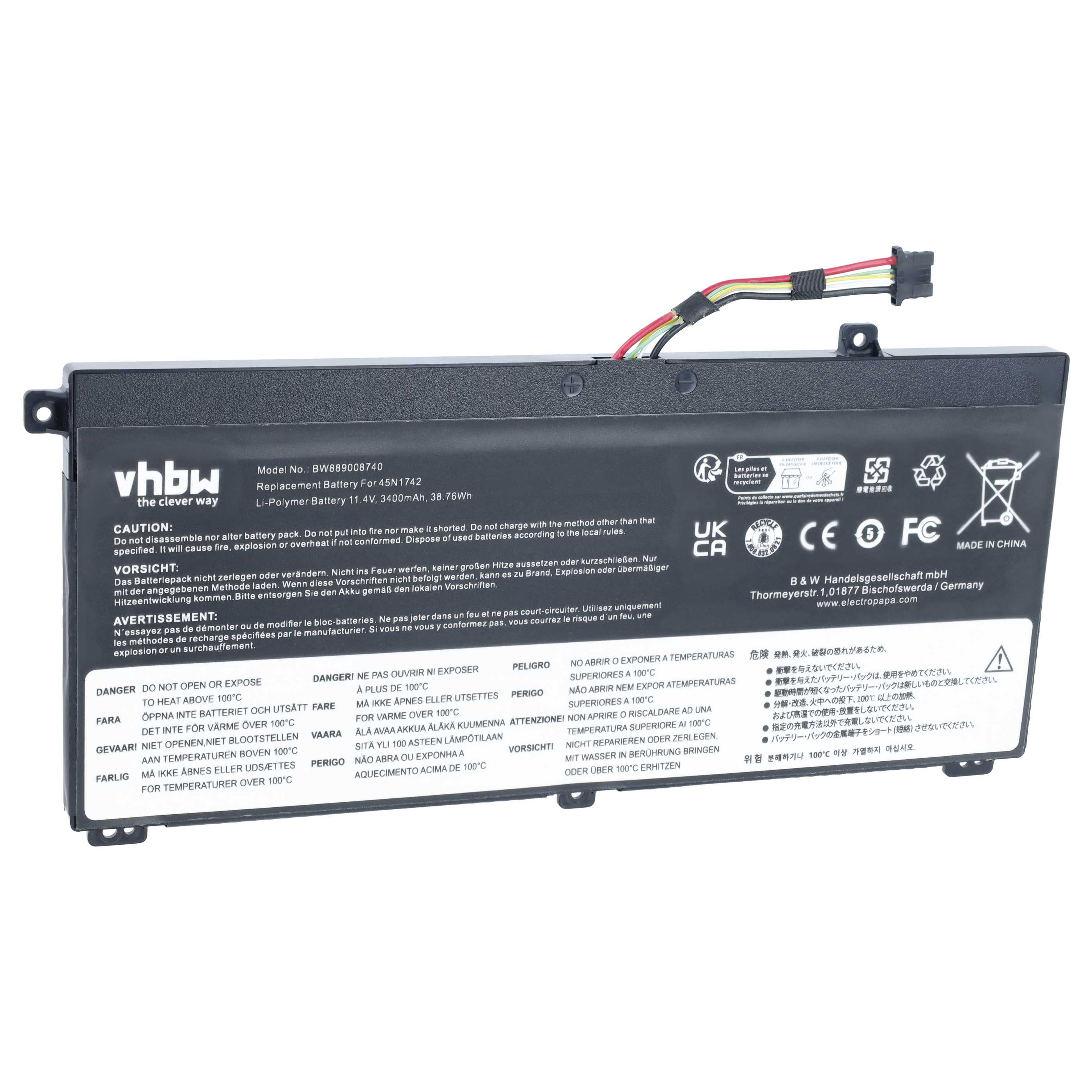 Batería recargable reemplaza Lenovo 45N1740, 45N1741 para notebook - 3400 mAh 11,4 V Li-Polímero negro