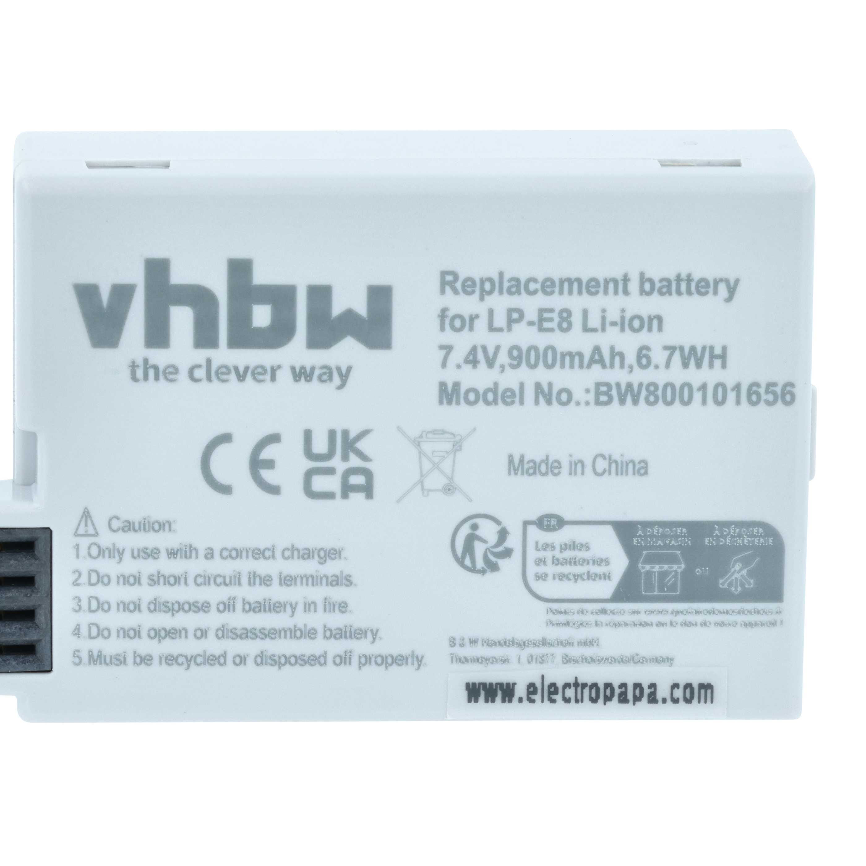 3x Battery replaces Canon LP-E8 - 900mAh, 7.2V, Li-Ion