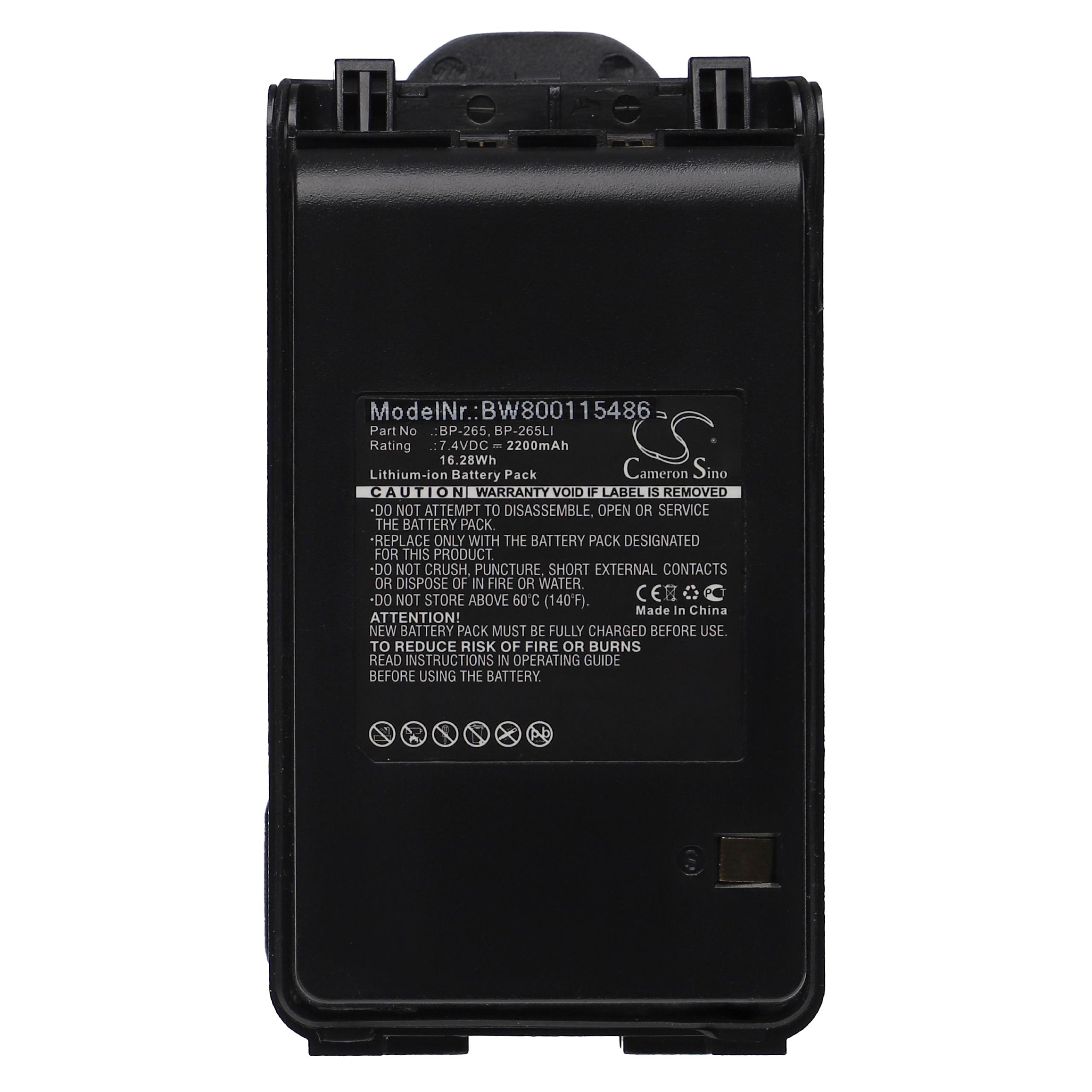 Batería reemplaza Icom BP-265LI, BP-265 para radio, walkie-talkie Icom - 2200 mAh 7,4 V Li-Ion con clip