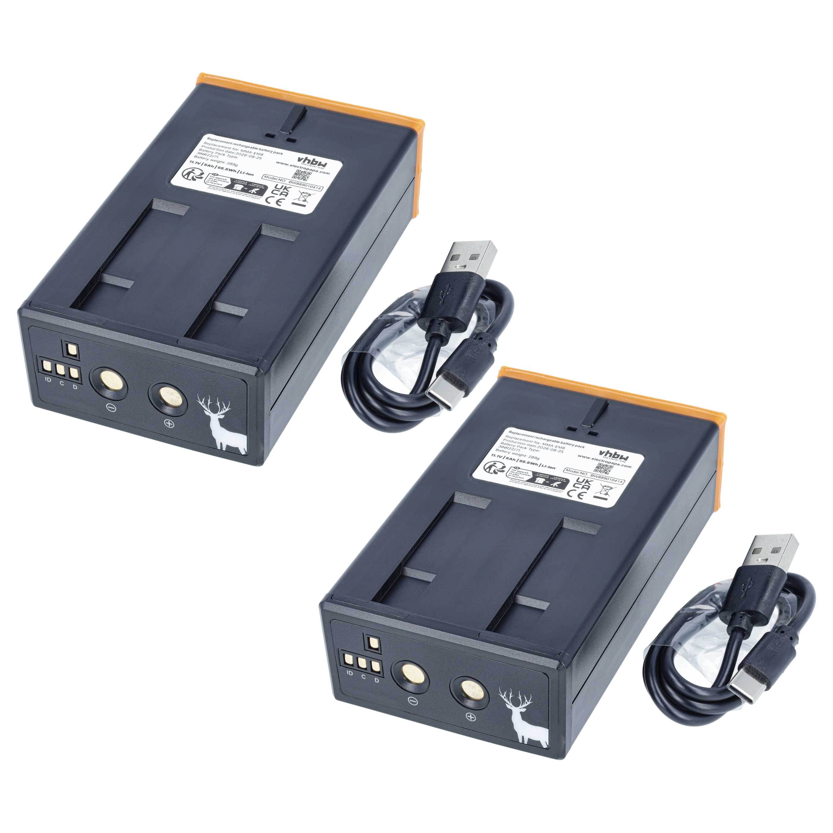 Wildlife Camera 2x Battery replaces Moultrie MMA-EM8 - 5000mAh 11.1V Li-Ion + Kabel, with USB C Socket