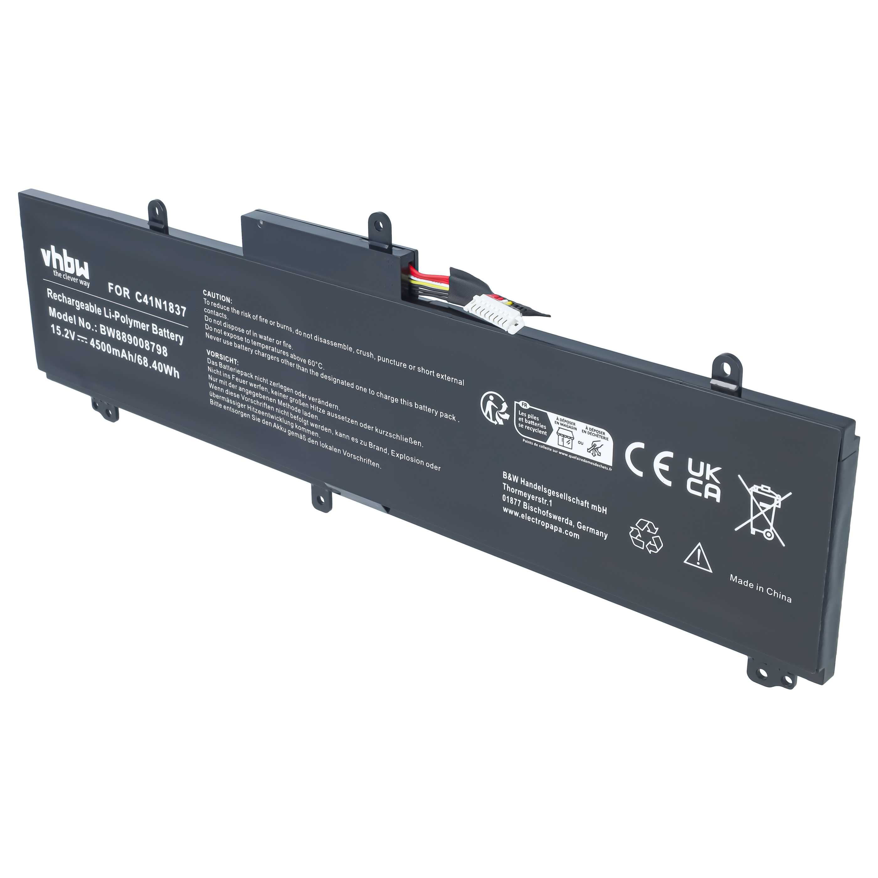 Notebook Battery replaces Asus C41N1837, 0B200-03380100 - 4500 mAh 15.2 V Li-polymer