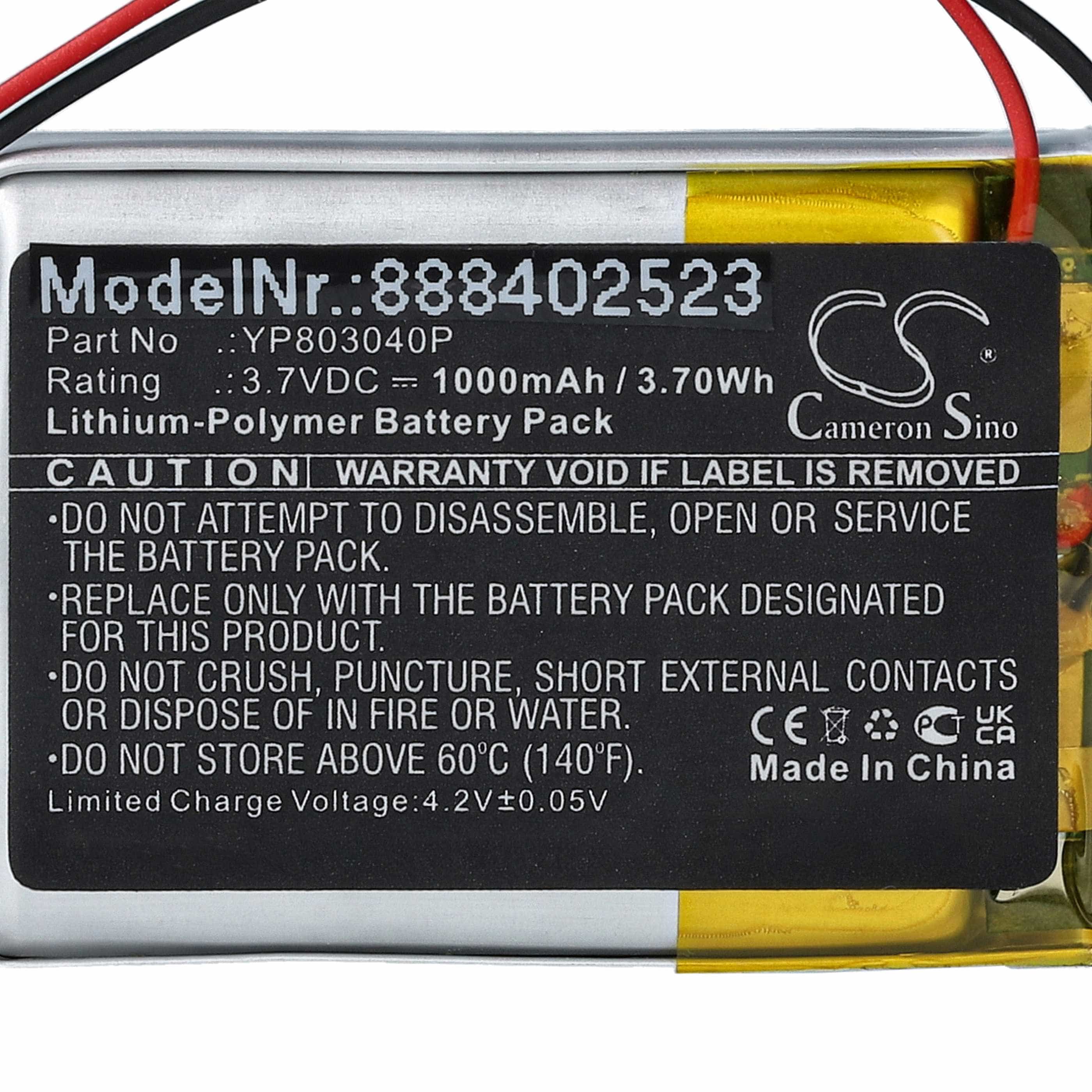 Videocamera 2x Battery replaces Sena YP803040P - 1000 mAh 3.7 V Li-polymer
