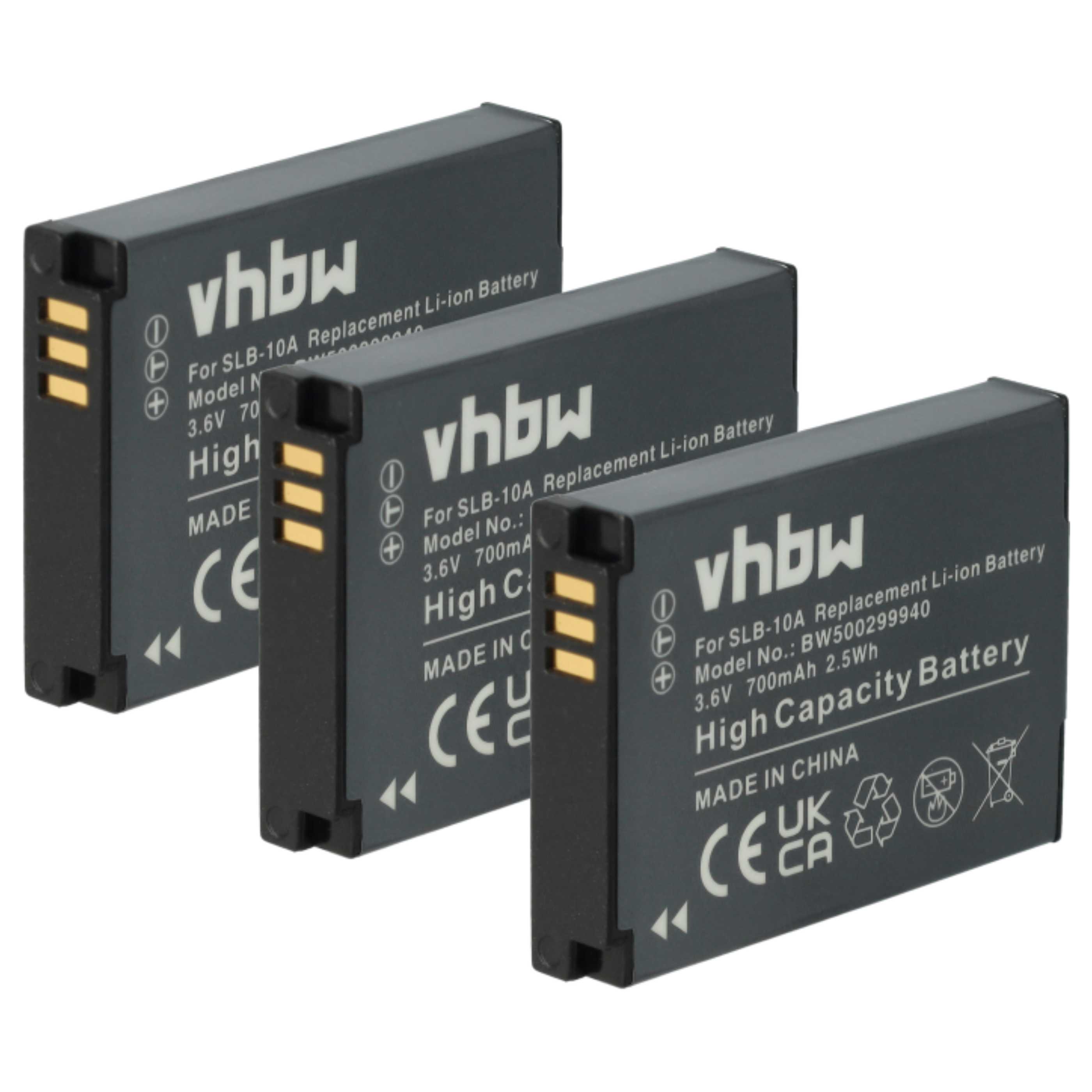 3x Battery replaces Samsung BP-10A, BP10A, SLB-10A - 700mAh, 3.6V, Li-Ion
