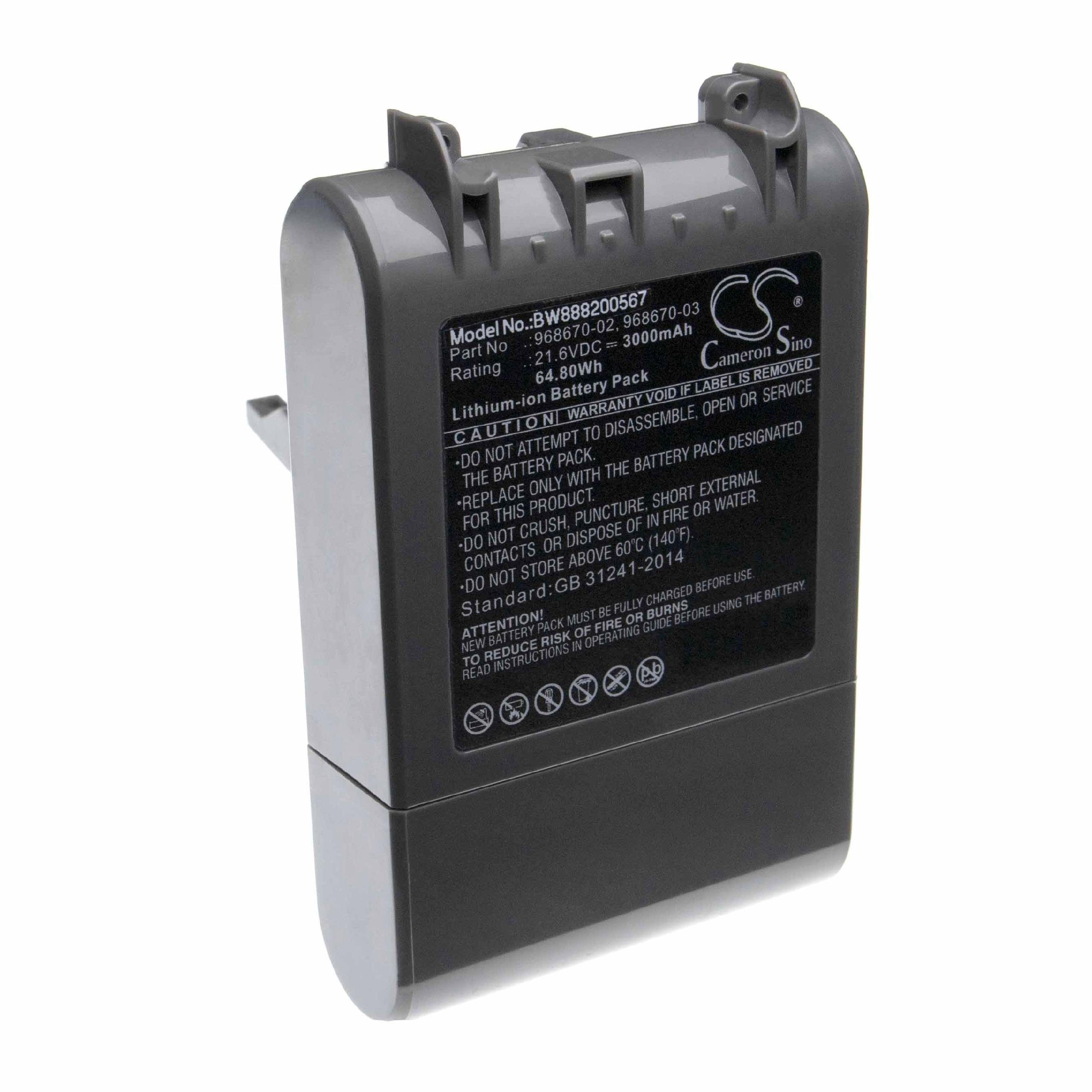 Batería reemplaza Dyson 968670-03, 968670-02 para aspiradora Dyson - 3000 mAh 21,6 V Li-Ion gris