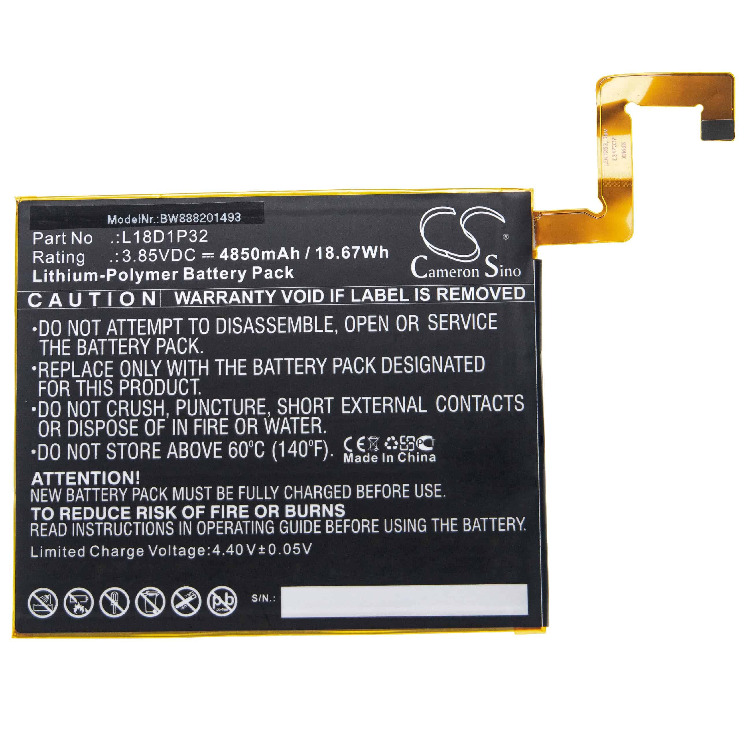 Batería reemplaza Lenovo L18D1P32 para tablet, Pad Lenovo - 4850 mAh 3,85 V Li-poli