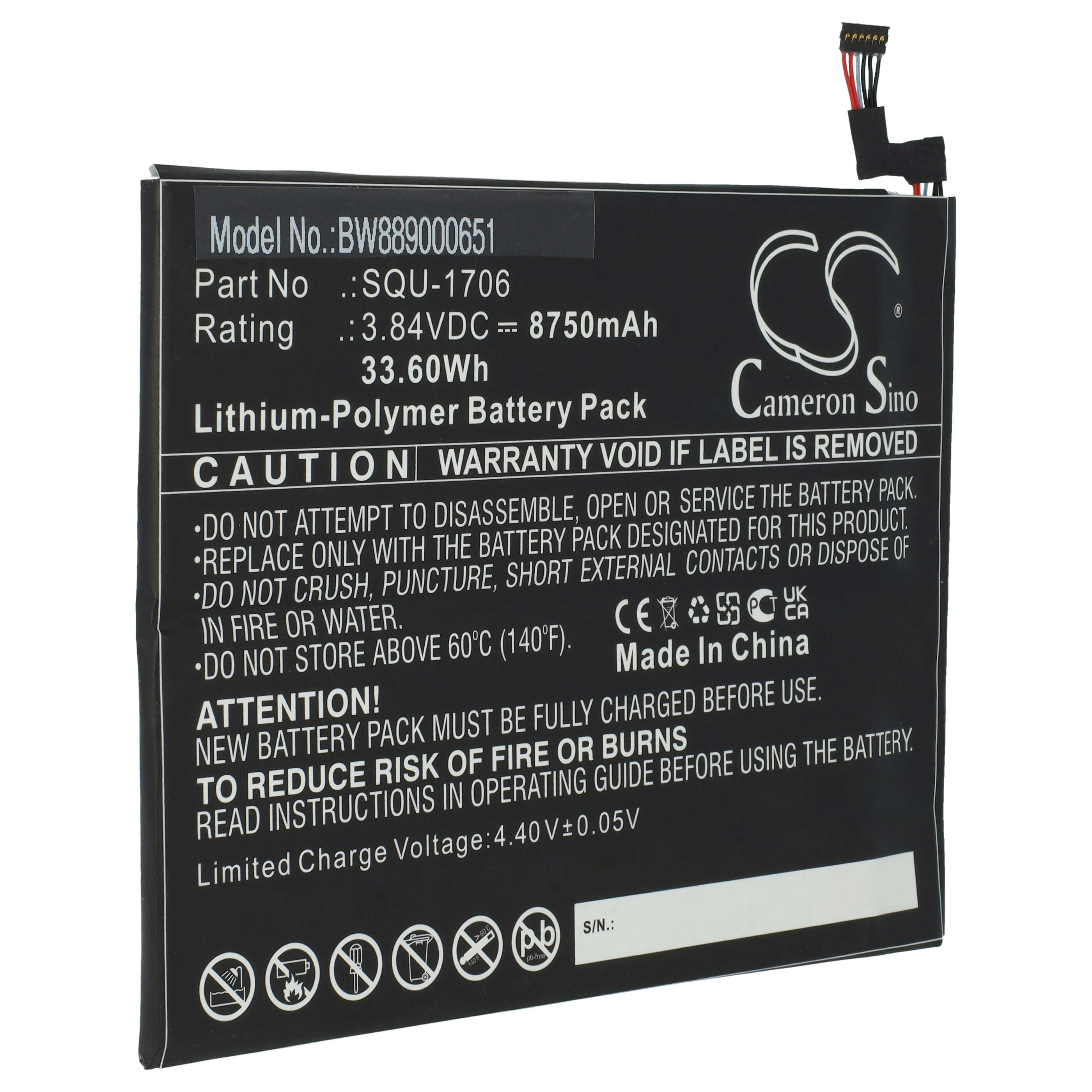 Batterie remplace Acer SQU-1706, KT.00201.004 pour tablette - 8750mAh 3,84V Li-polymère