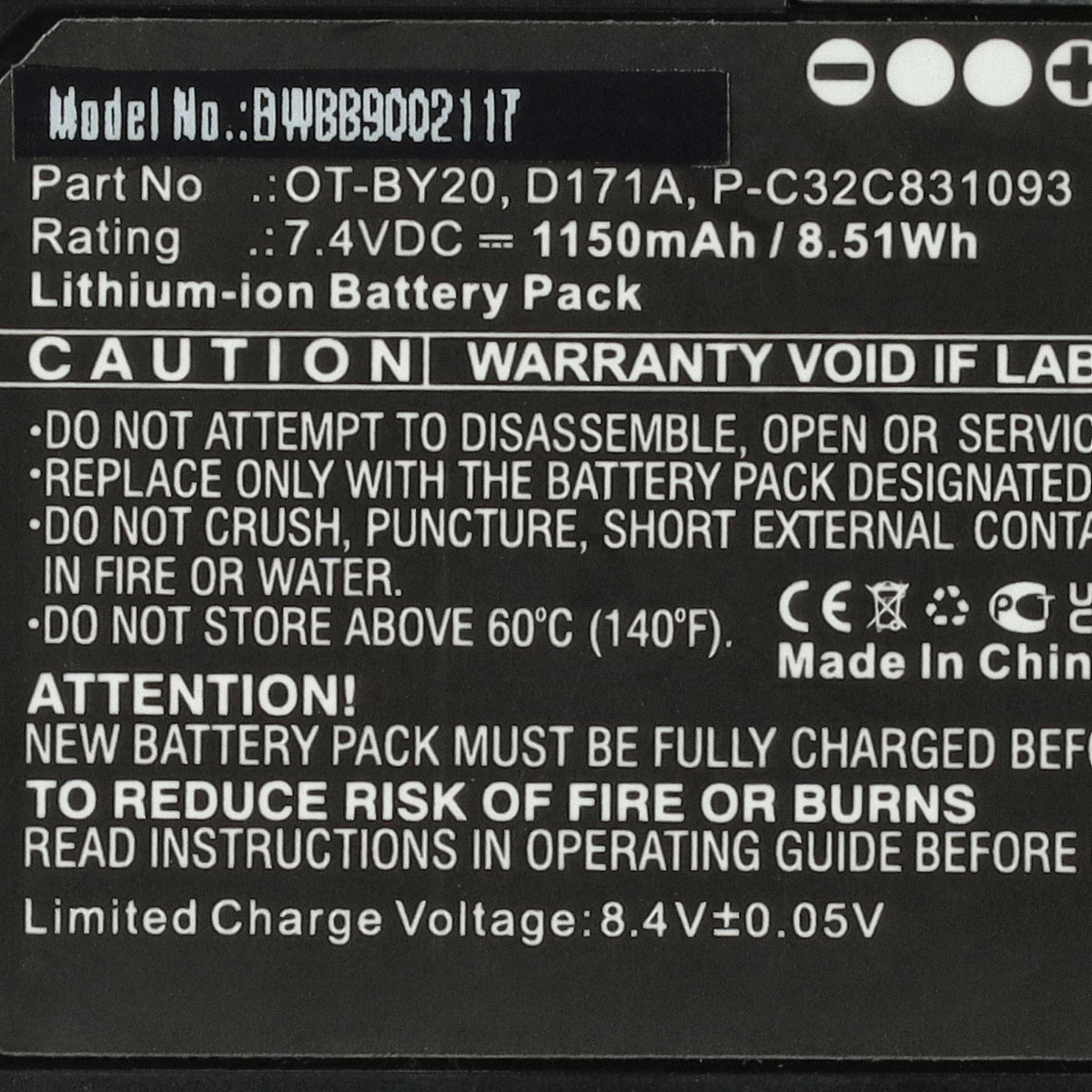 Drucker-Akku als Ersatz für Epson OT-BY20, D171A, 2165069, P-C32C831093 - 1150mAh 7,4V Li-Ion