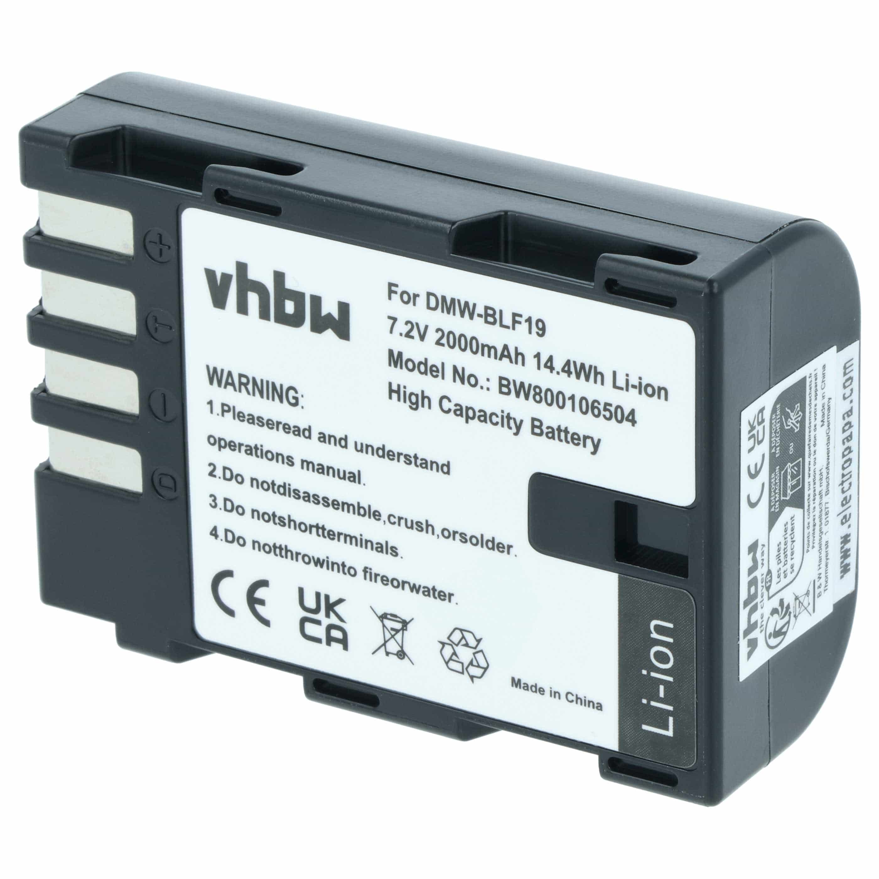 Batería reemplaza Panasonic DMW-BLF19E, DMW-BLF19 para cámara - 2000 mAh 7,2 V Li-Ion