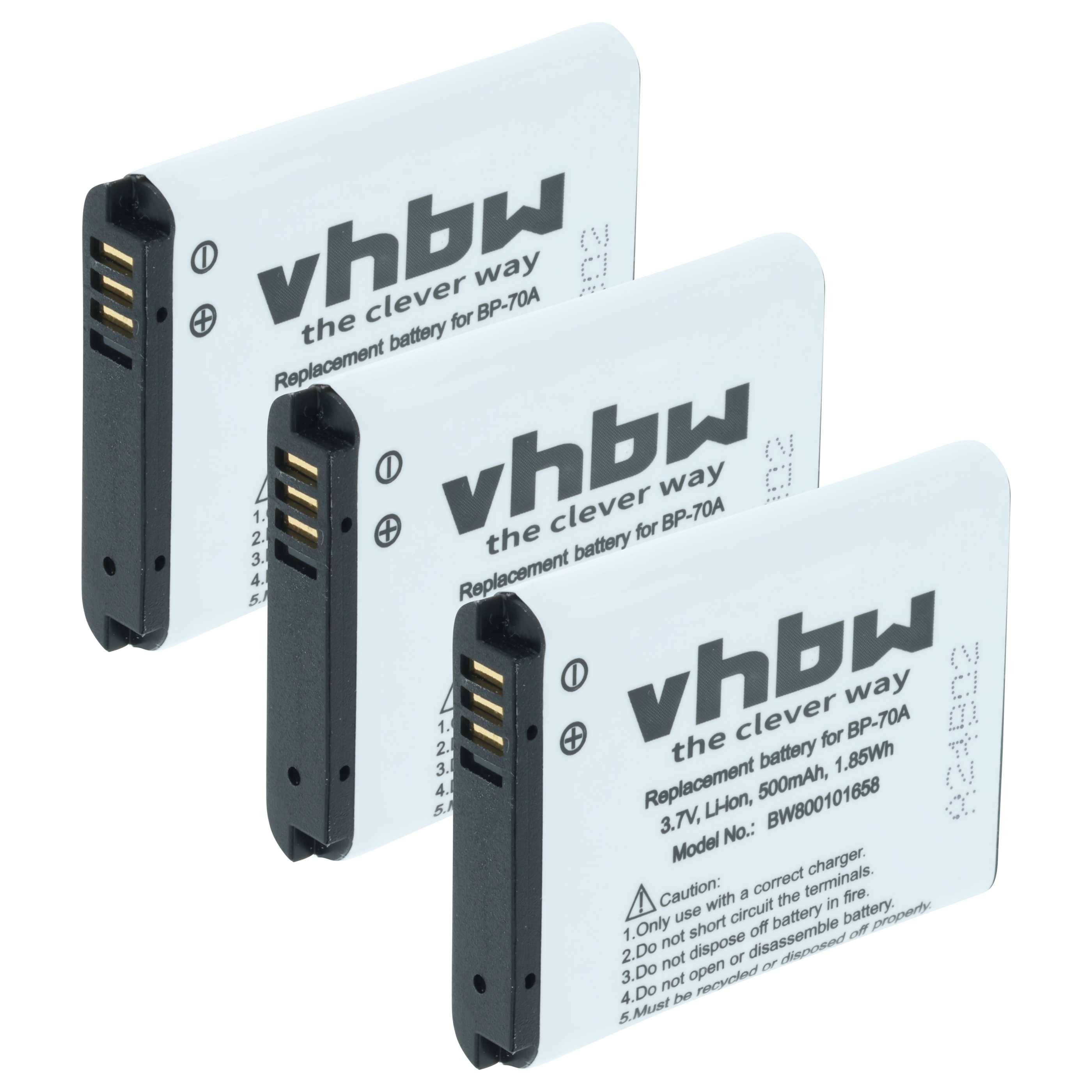 3x Battery replaces Samsung EA-BP70A, SLB-70A, BP70a, BP-70a - 500mAh, 3.6V, Li-Ion