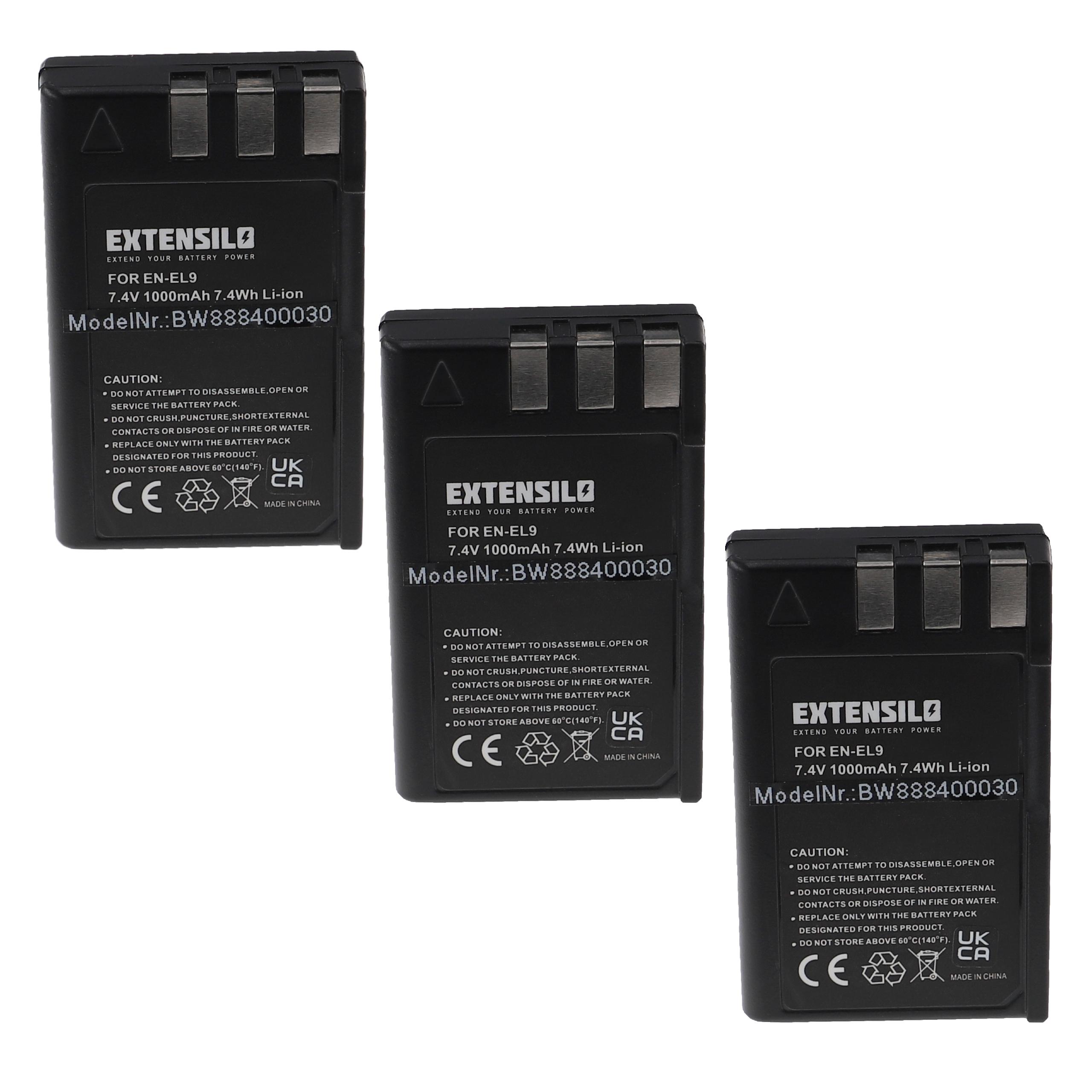 3x Battery replaces Nikon EN-EL9E, EN-EL9 - 1000mAh, 7.4V, Li-Ion