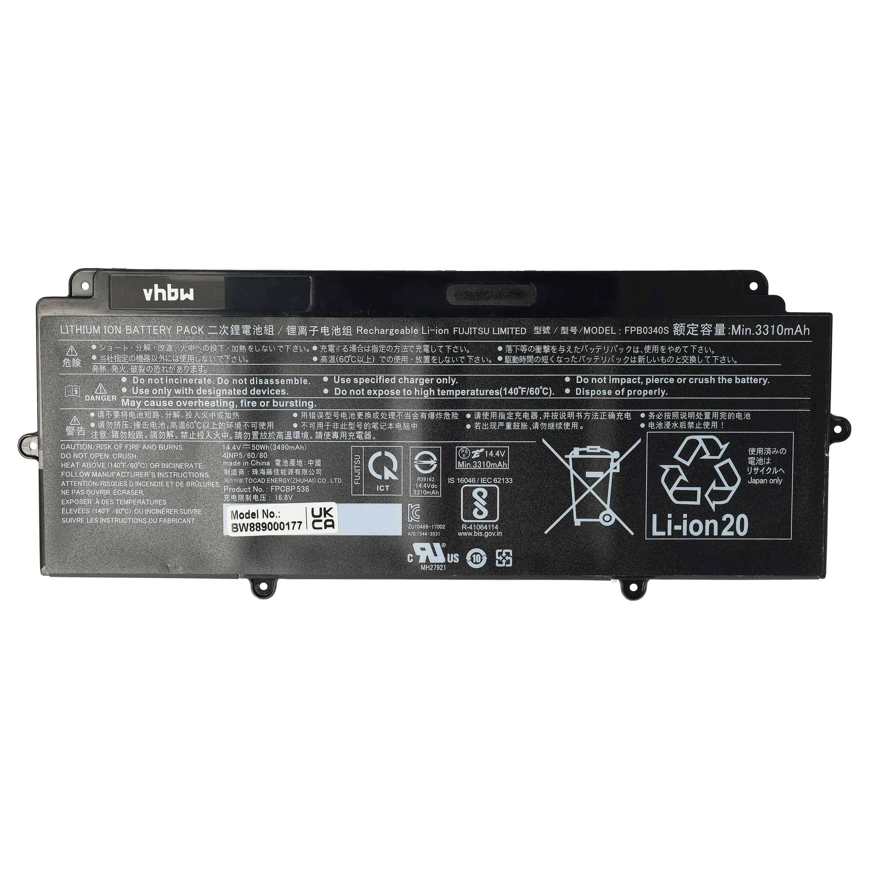 Notebook Battery Replacement for Fujitsu FPB0340S, FPCBP536 - 3490 mAh 14.4 V Li-Ion