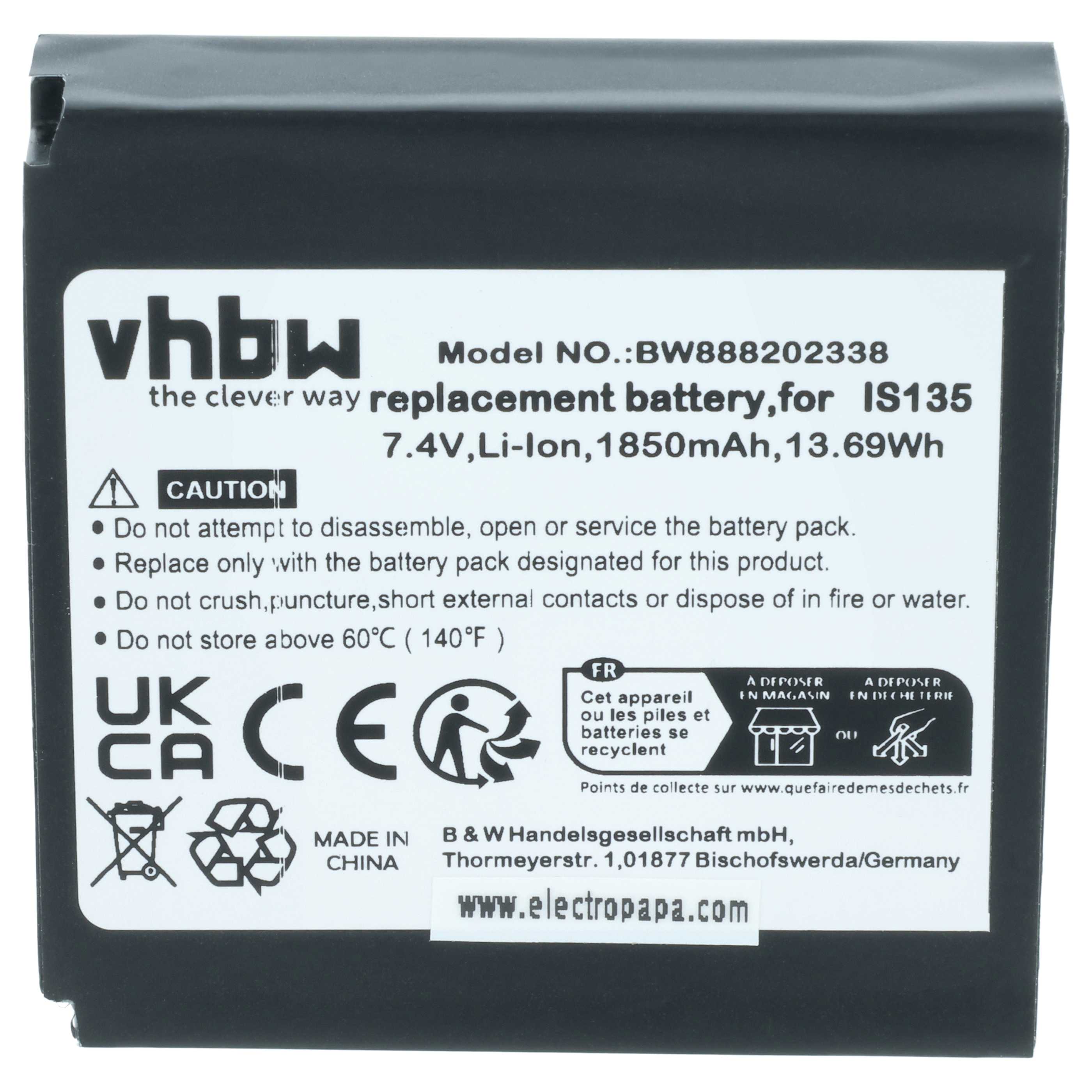 Batterie remplace Pax IS135, 25B1001 pour scanner de code-barre Pax - 1850mAh 7,4V