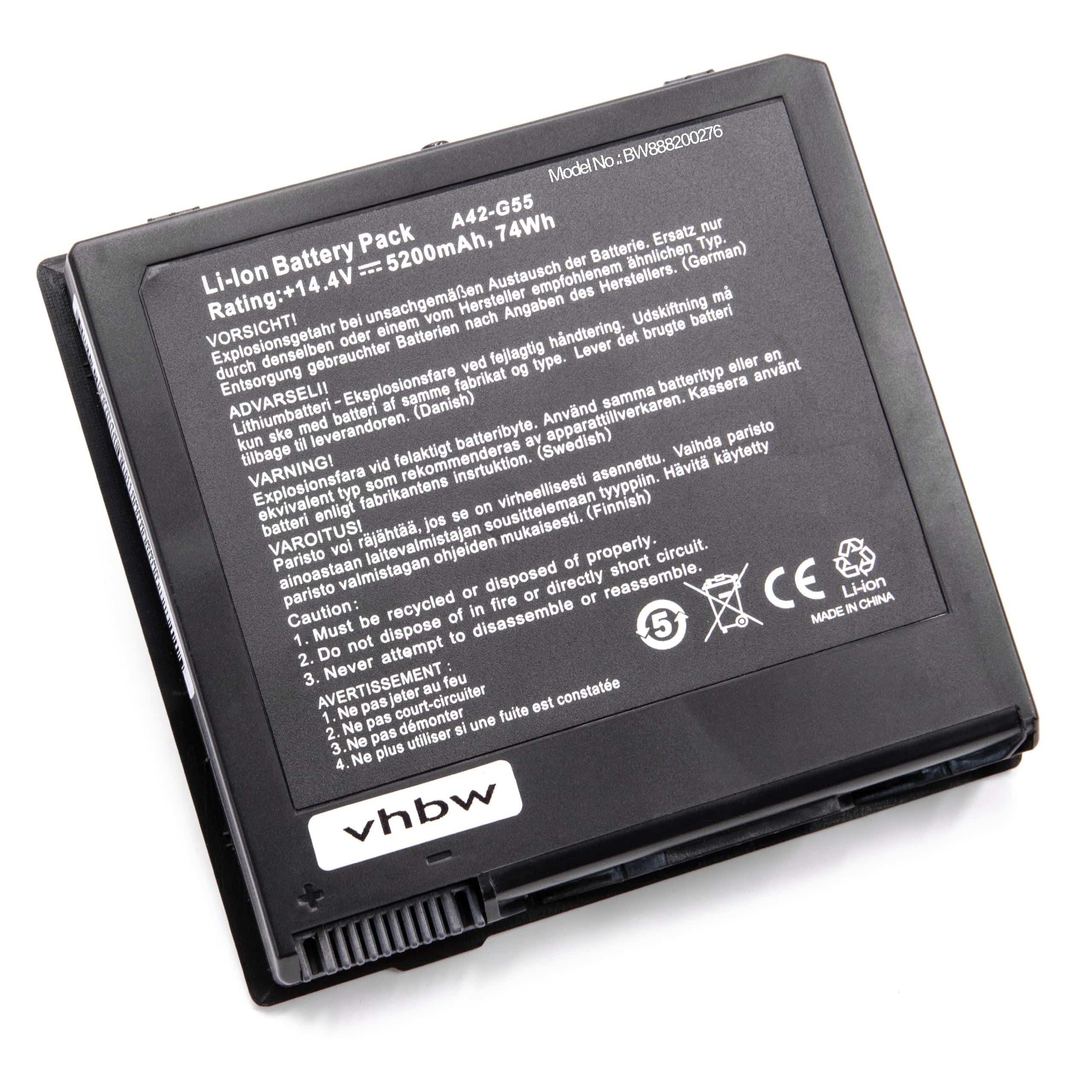 Batterie remplace Asus 0B110-00080000, A42-G55 pour ordinateur portable - 5200mAh 14,4V Li-ion, noir