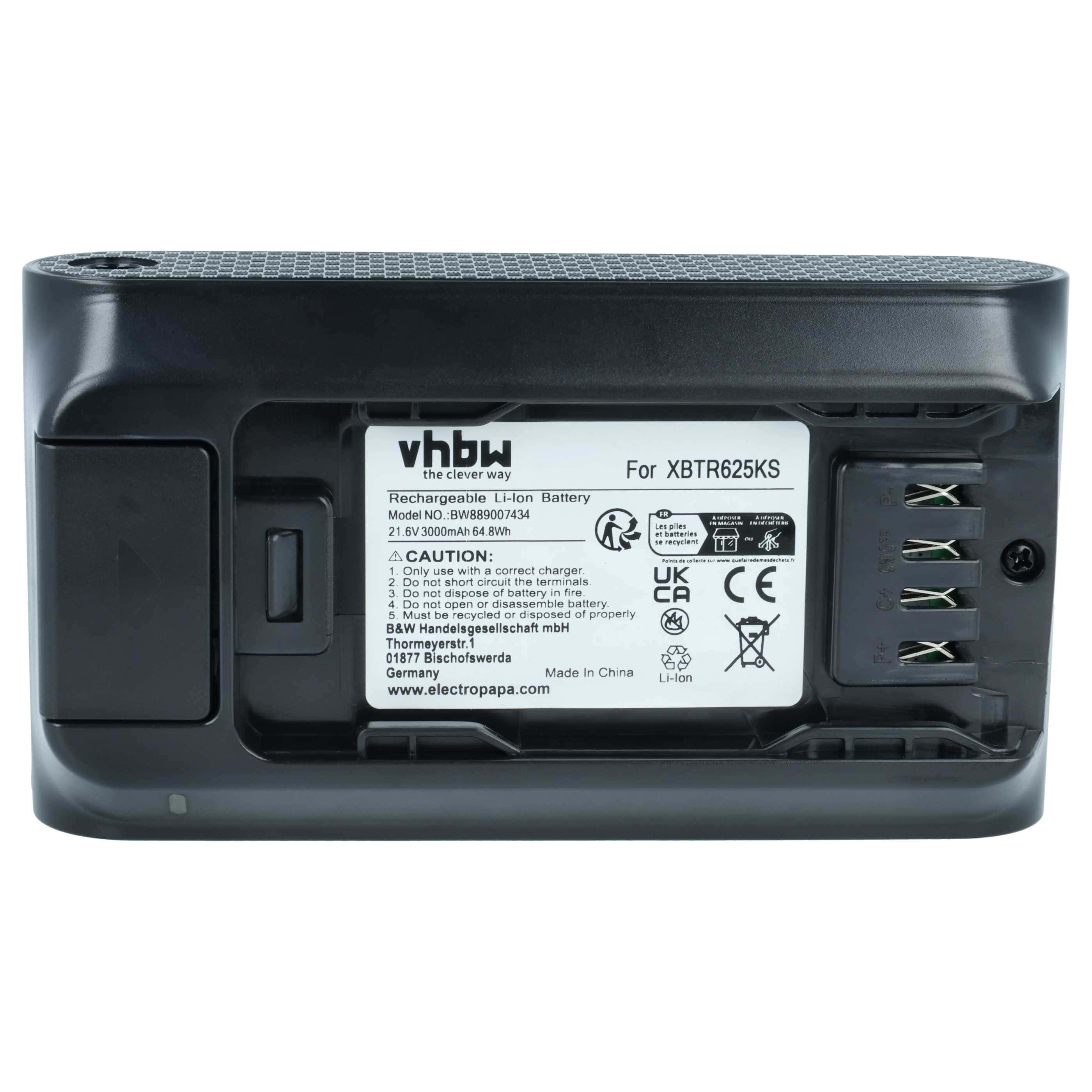 Battery replaces Shark XBTR625KSLN, XBTR625KSLEU, XBTR625KDC, XBTR625 for Shark 3000mAh, 21.6V, Li-Ion