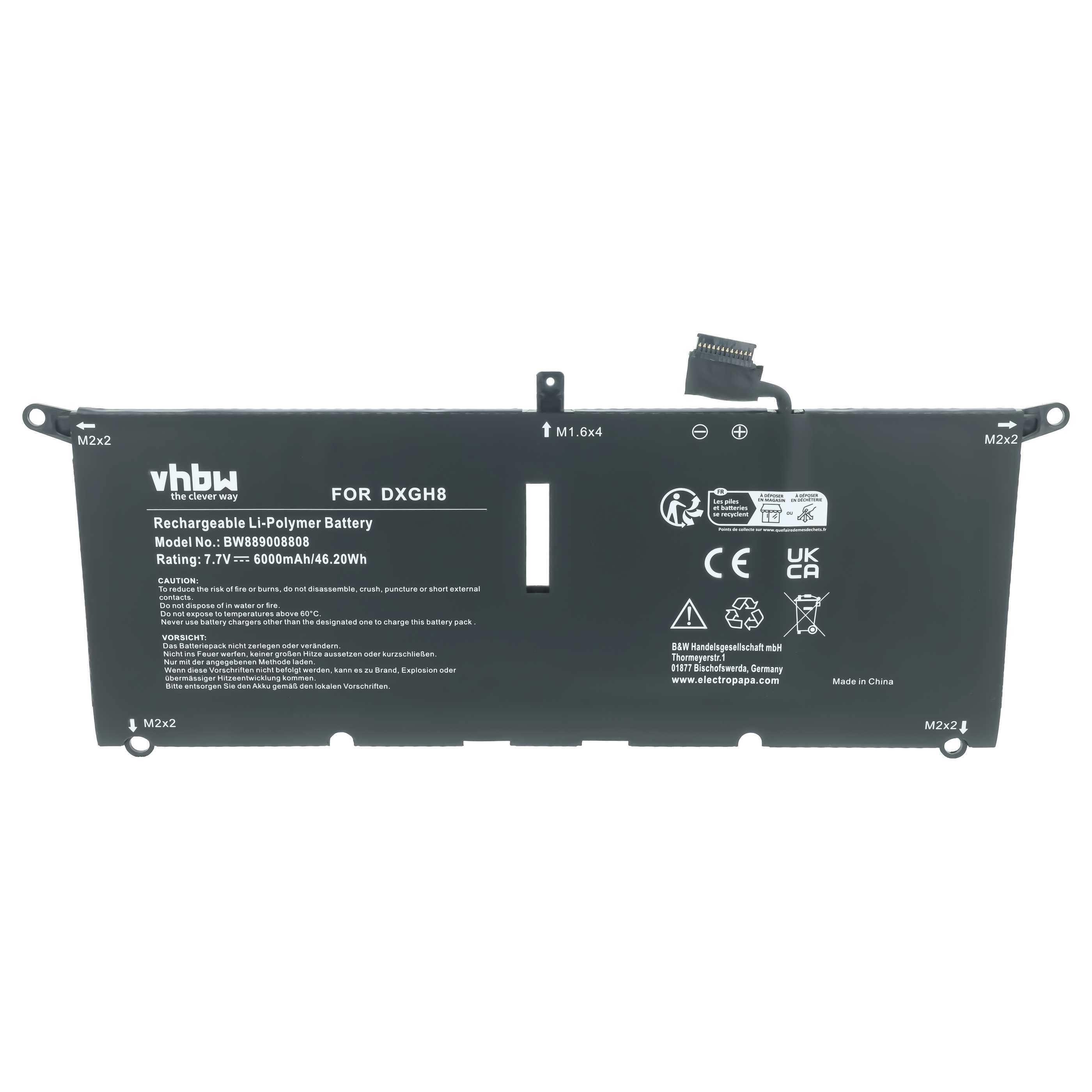 Batería recargable reemplaza Dell DXGH8, G8VCF, 0H754V para notebook - 6000 mAh 7,7 V Li-Polímero