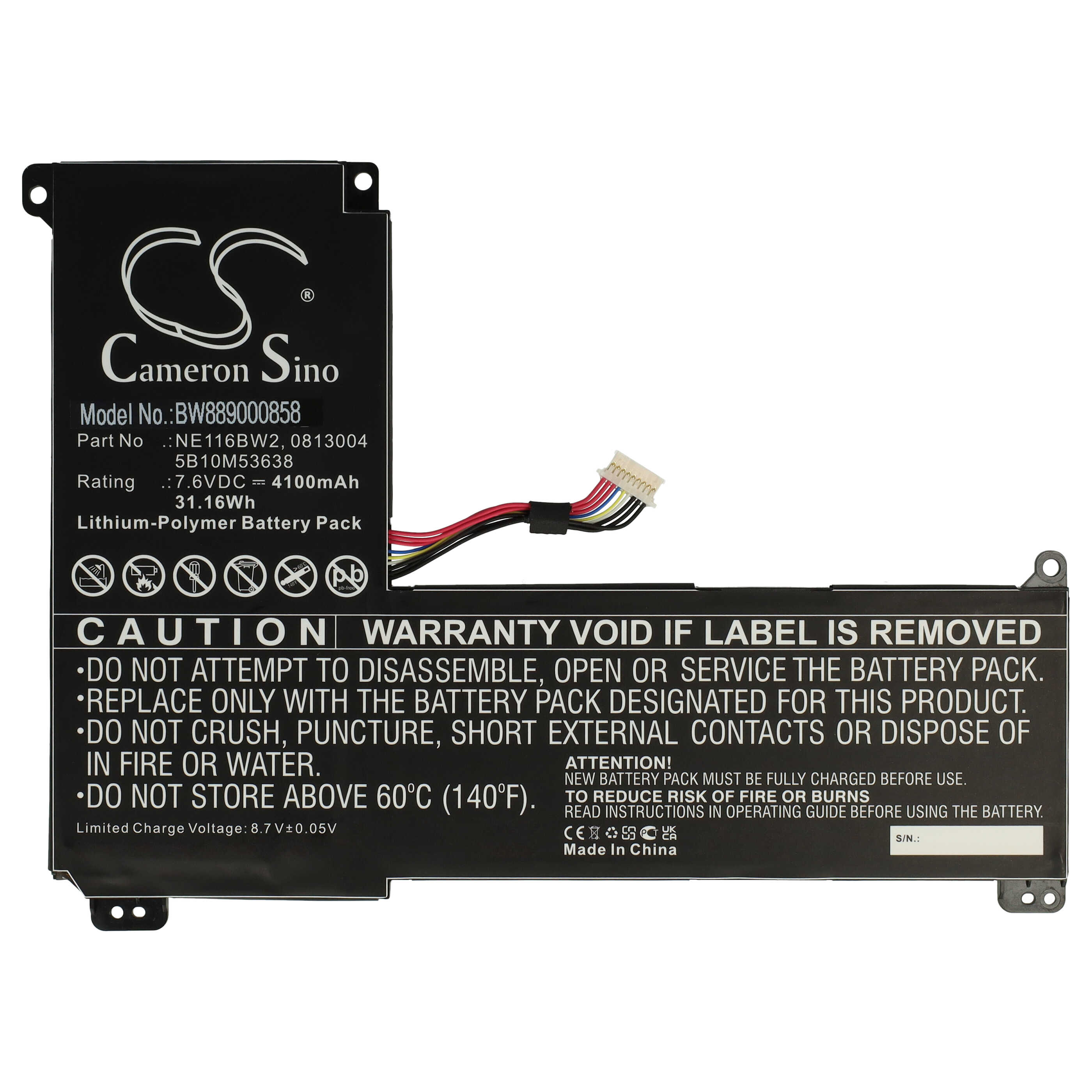 Notebook Battery Replacement for Lenovo 5B10M53638, NE116BW2, 813004 - 4100 mAh 7.6 V Li-polymer