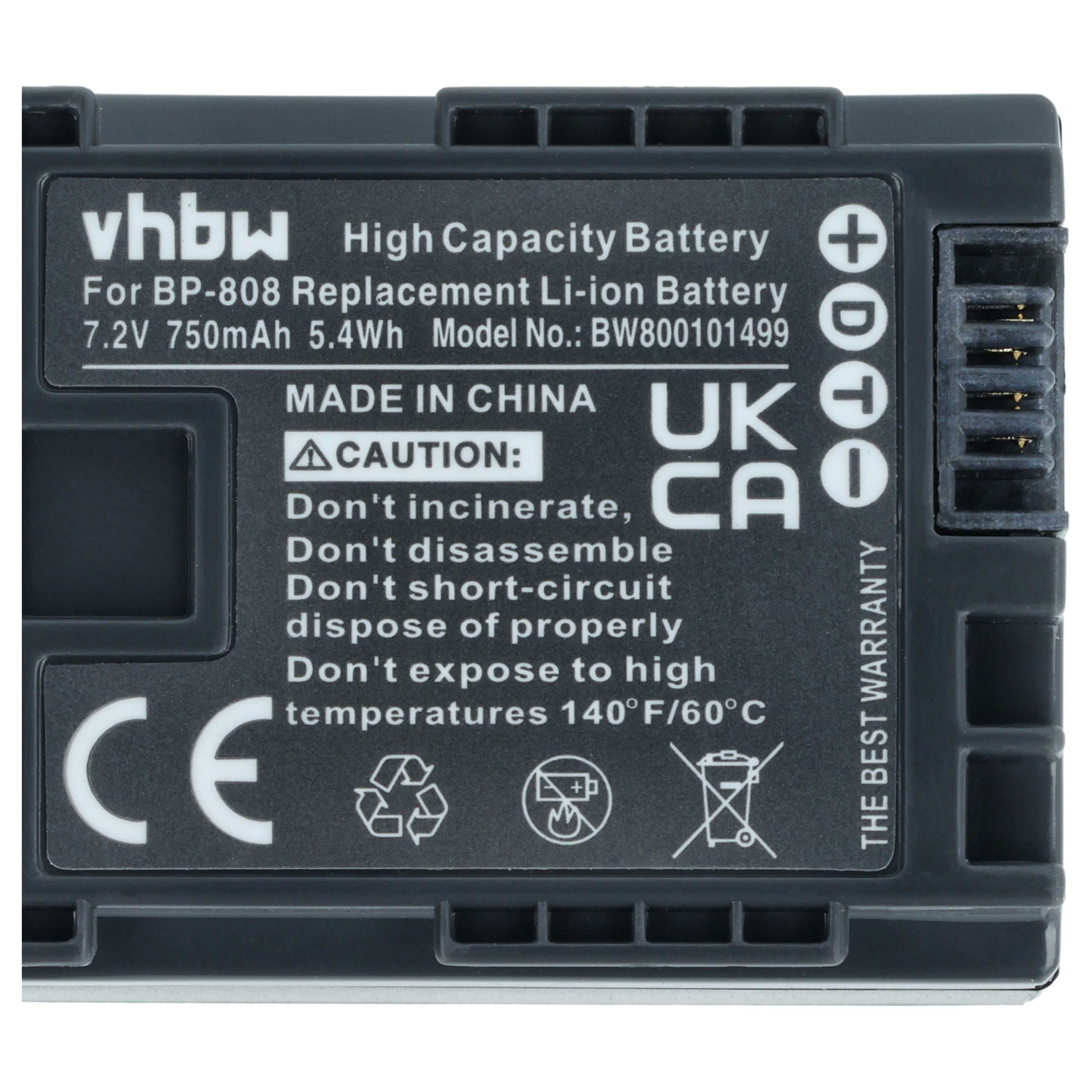 2x Batería reemplaza Canon 2740B002, BP-808 para videocámara - 750 mAh 7,2 V Li-Ion