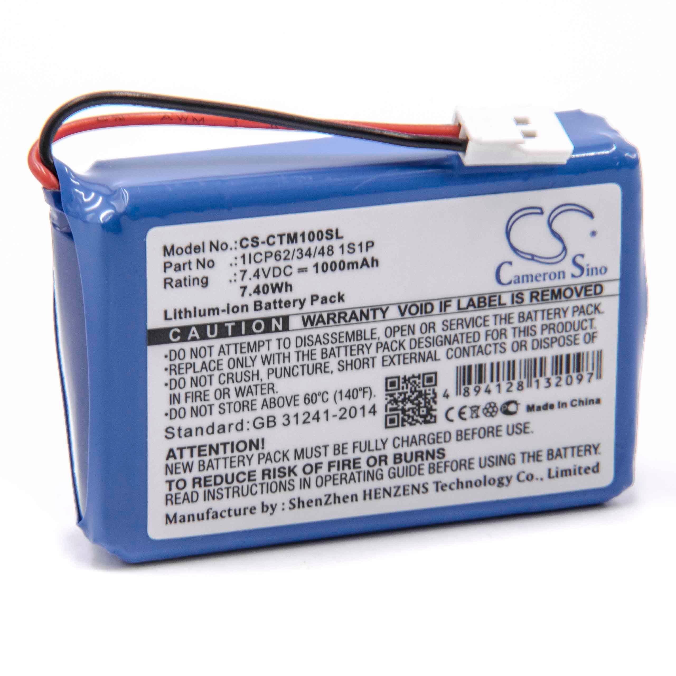 Batería reemplaza CTMS 1ICP62/34/48 1S1P para comprobador de billetes CTMS - 1000 mAh 7,4 V Li-Ion