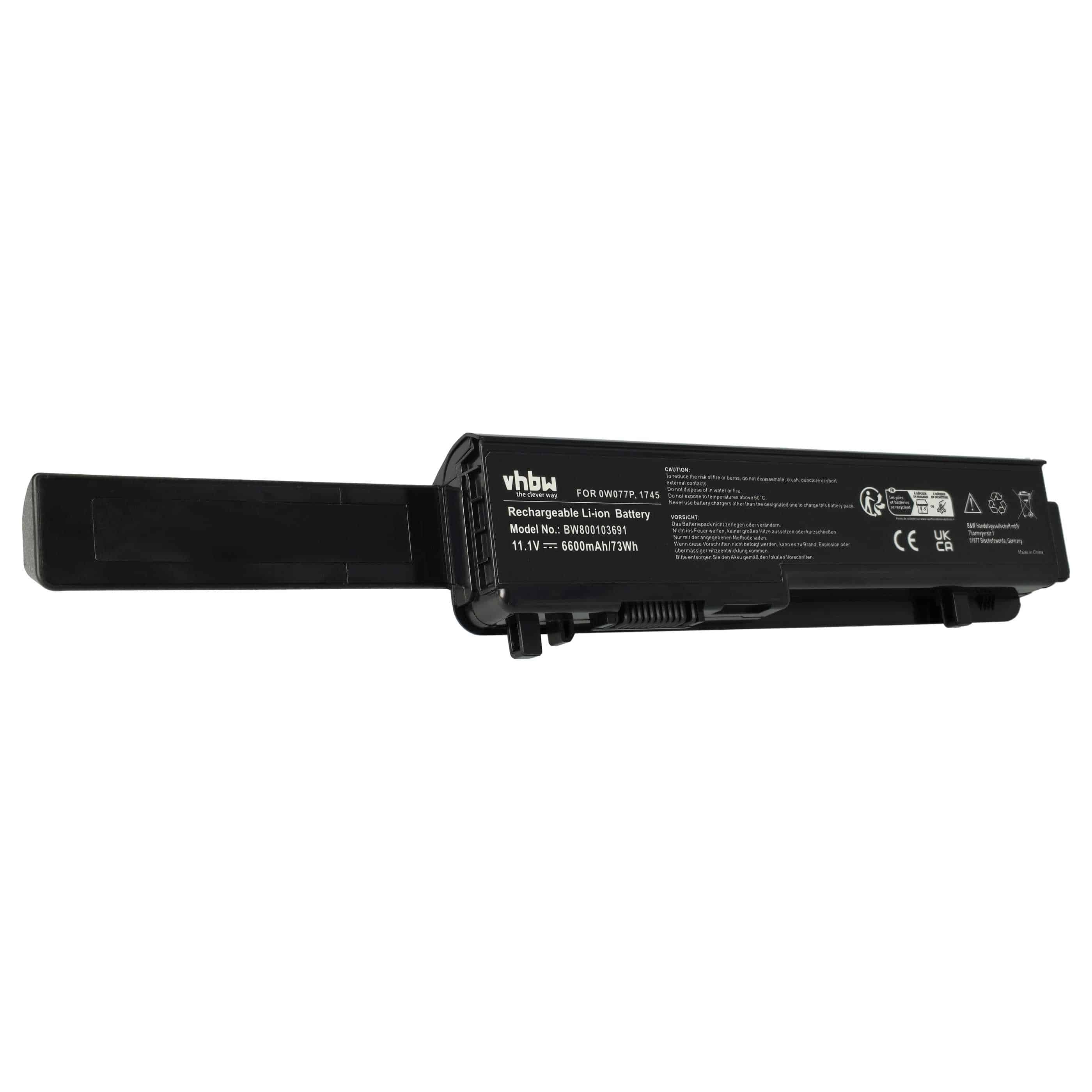 Batería reemplaza Dell 312-0196, 0W077P, A3582354, 312-0186 para notebook Dell - 6600 mAh 11,1 V Li-Ion negro