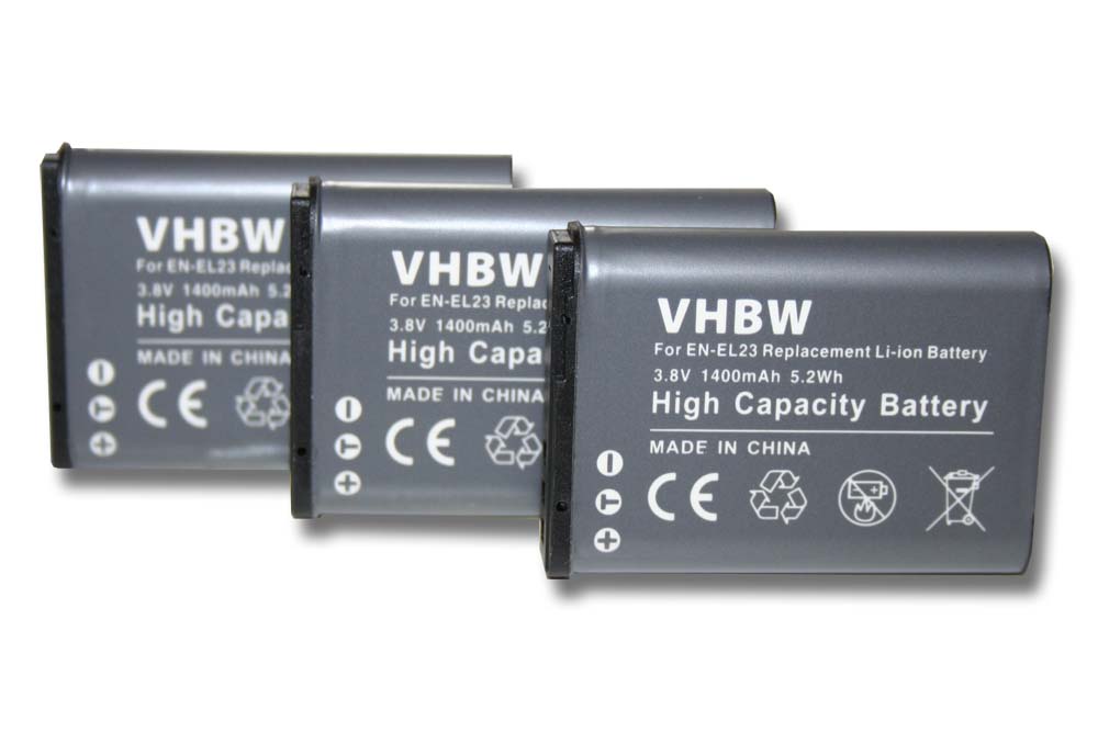 Battery (3 Units) Replacement for Nikon EN-EL23 - 1400mAh, 3.8V, Li-Ion