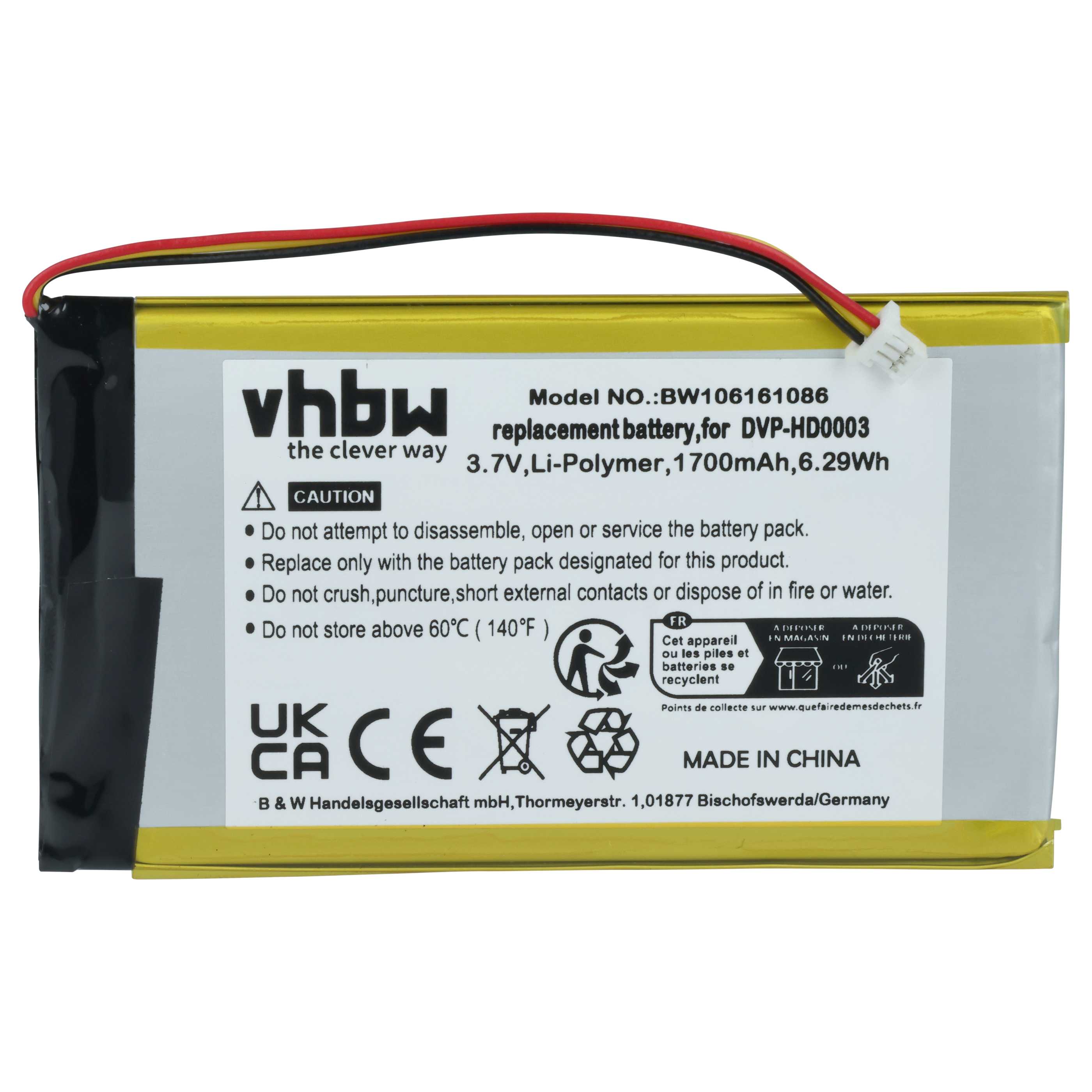 MP3-Player Battery replaces Creative Labs LPCS285385, BA20603R79914, DVP-HD0003 - 1700 mAh 3.7 V Li-polymer