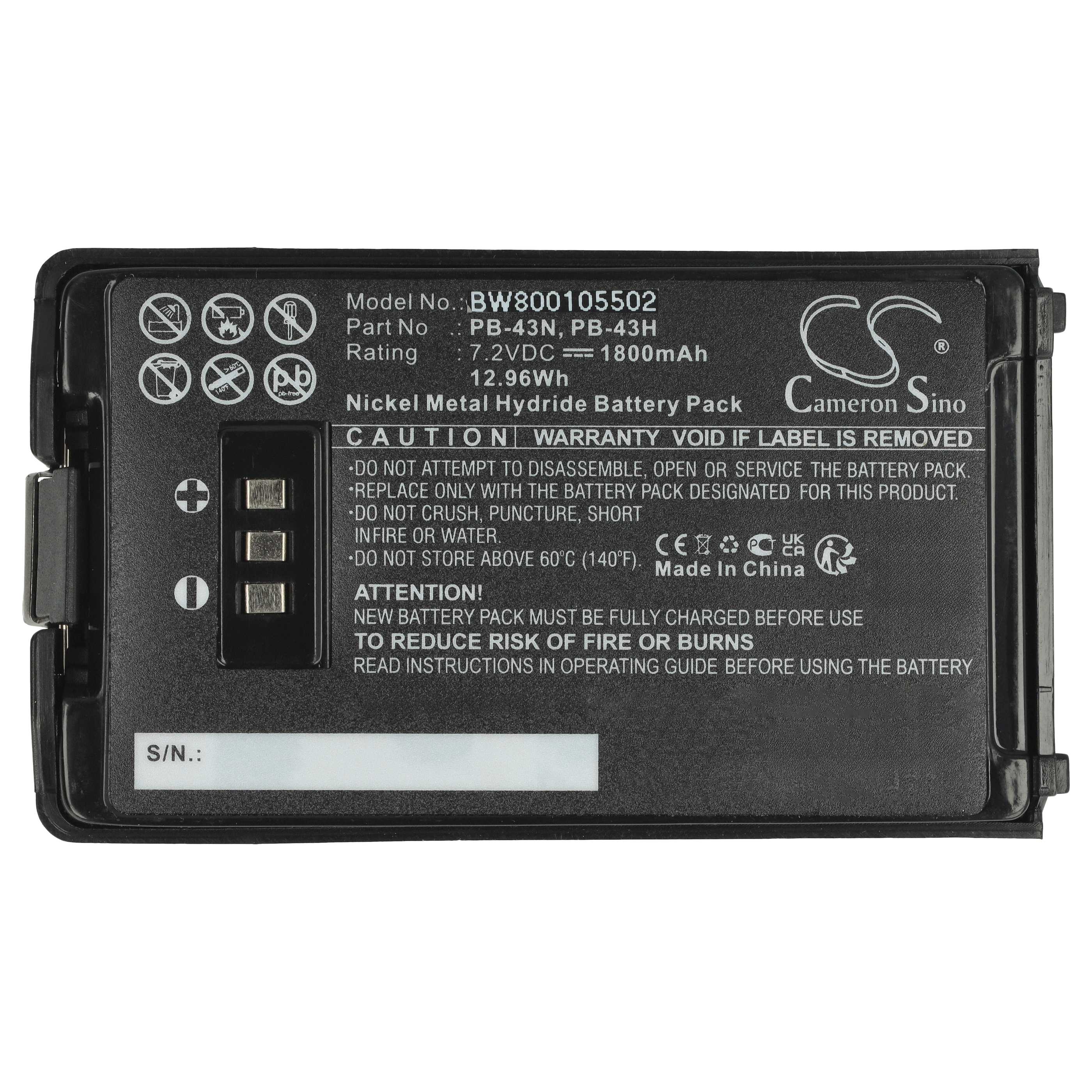 Radio Battery Replacement for Kenwood PB-43N, PB-43 - 1800 mAh 7.2 V NiMH