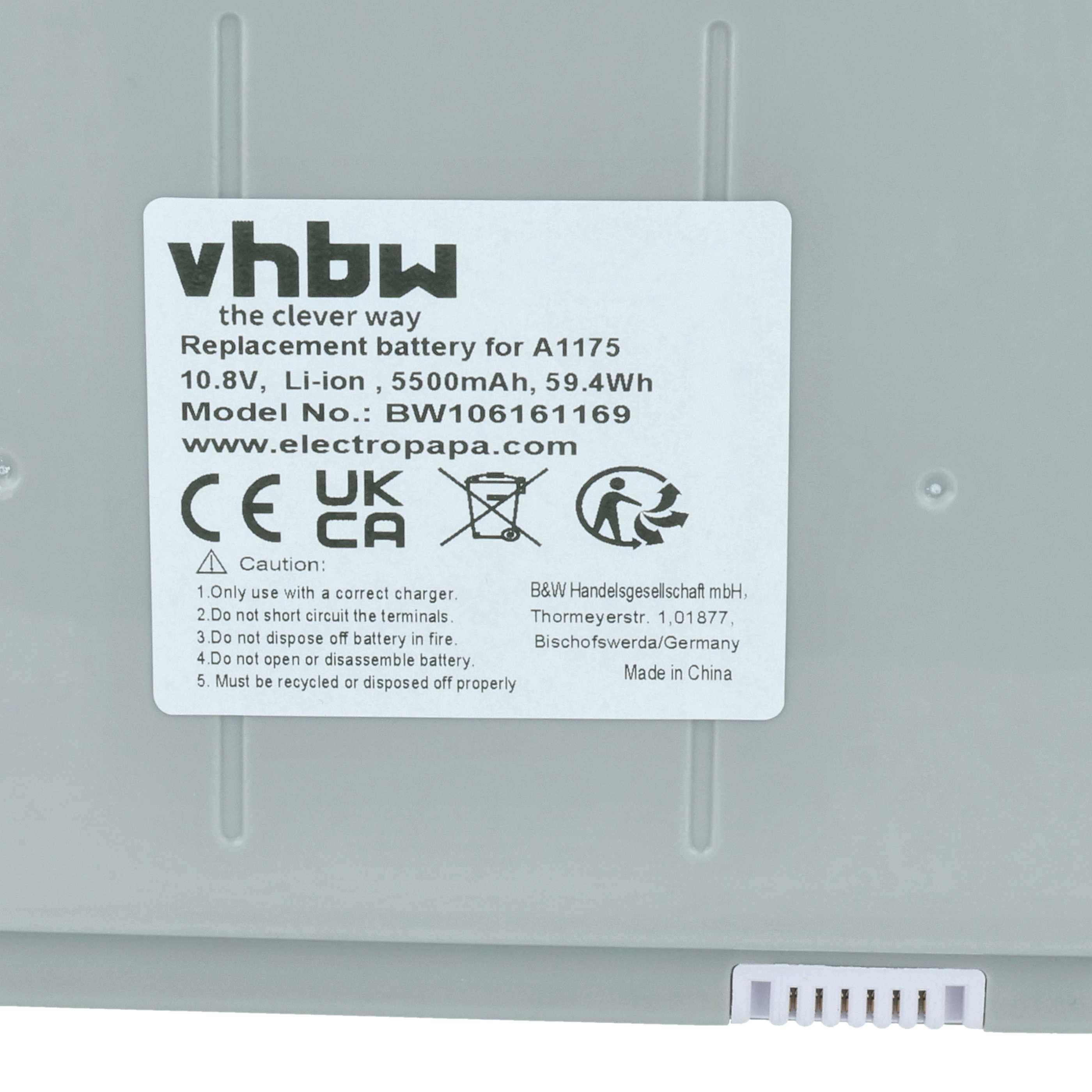 Notebook-Akku als Ersatz für Apple A1148, A1175, A1150, A1121, A1148 für Apple - 5500mAh 10,8V Li-Ion, weiß