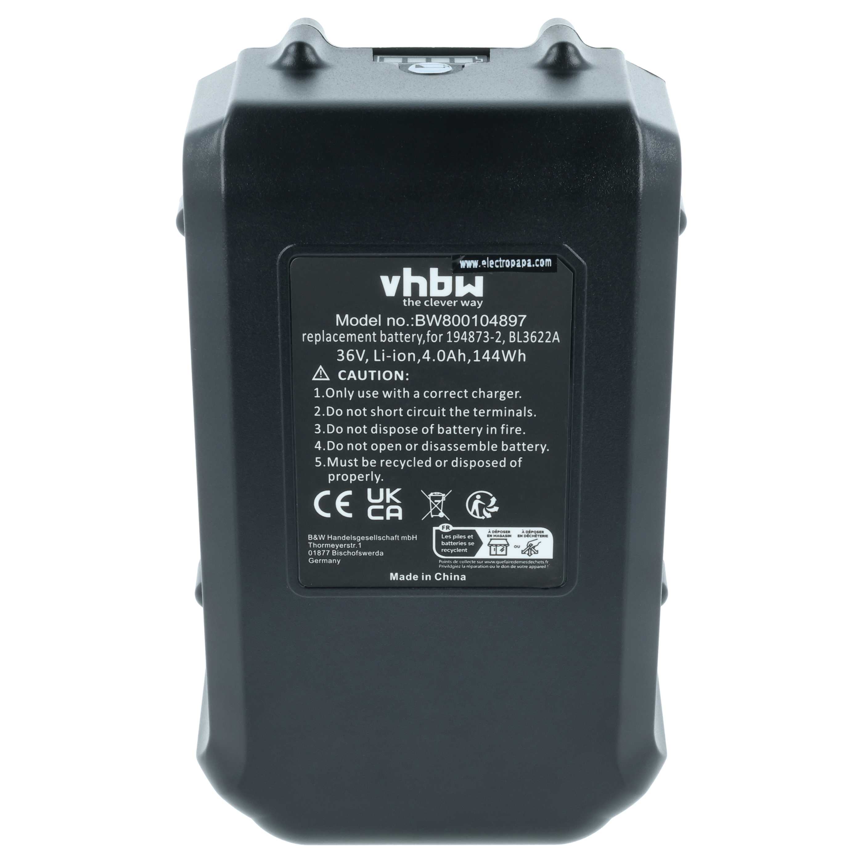 Battery replaces Makita 194873-2, 194874-0, 195410-5, BL3622A Electric Power Tool - 4000 mAh, 36 V, Li-Ion