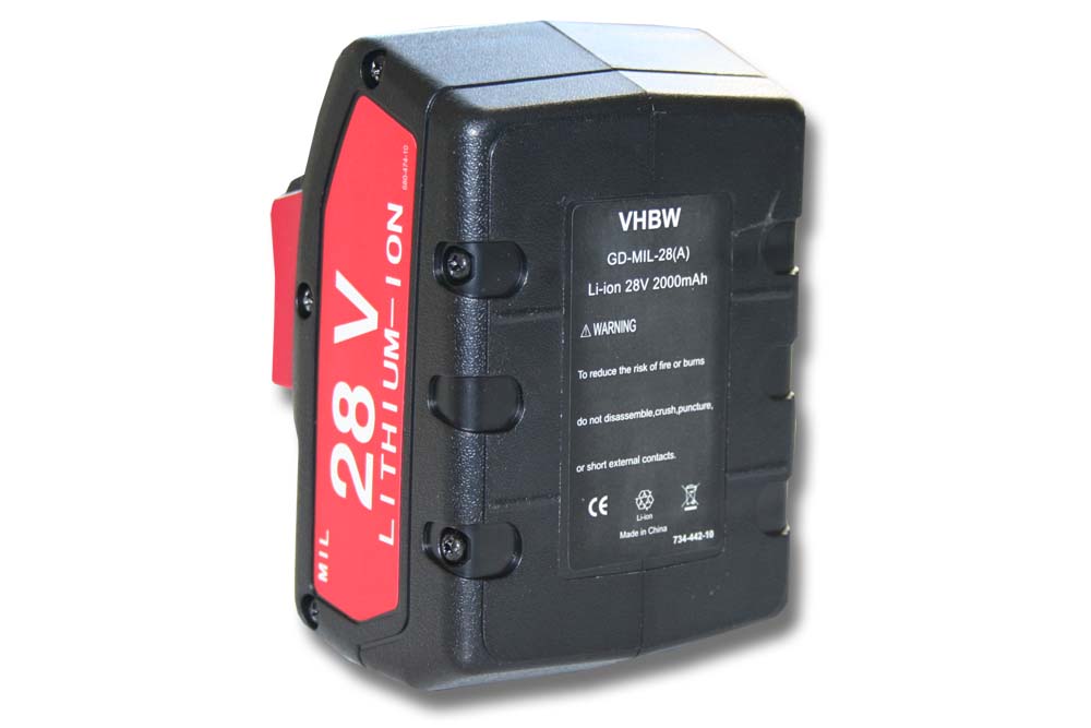 Electric Power Tool Battery Replaces AEG / Milwaukee 48-11-2830, 48-11-1830 - 2000 mAh, 28 V, Li-Ion