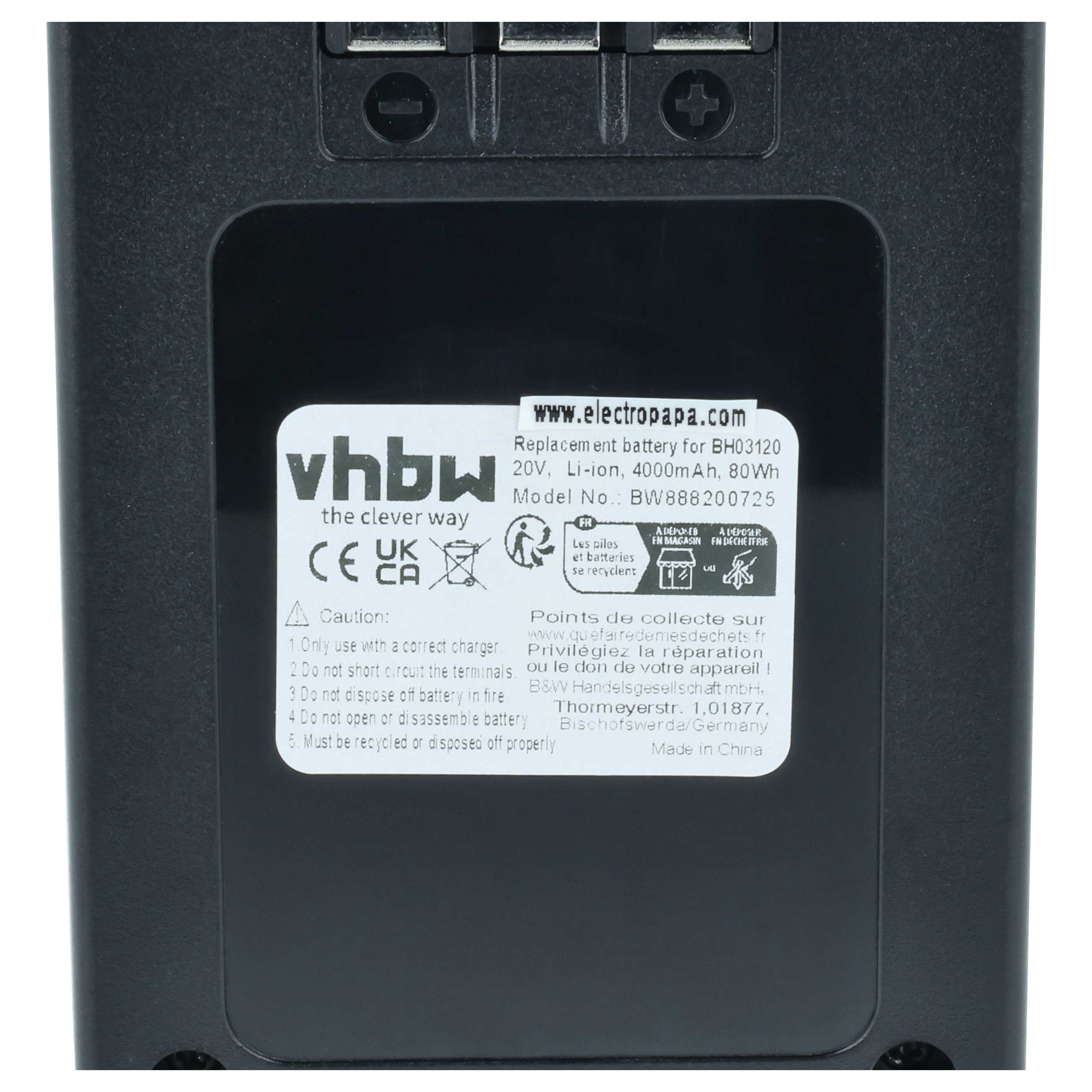 Akku als Ersatz für Hoover BH03120, BH03100, 440005973, 440005966, 44139 für Hoover Staubsauger - 4000mAh 20V Li-Ion