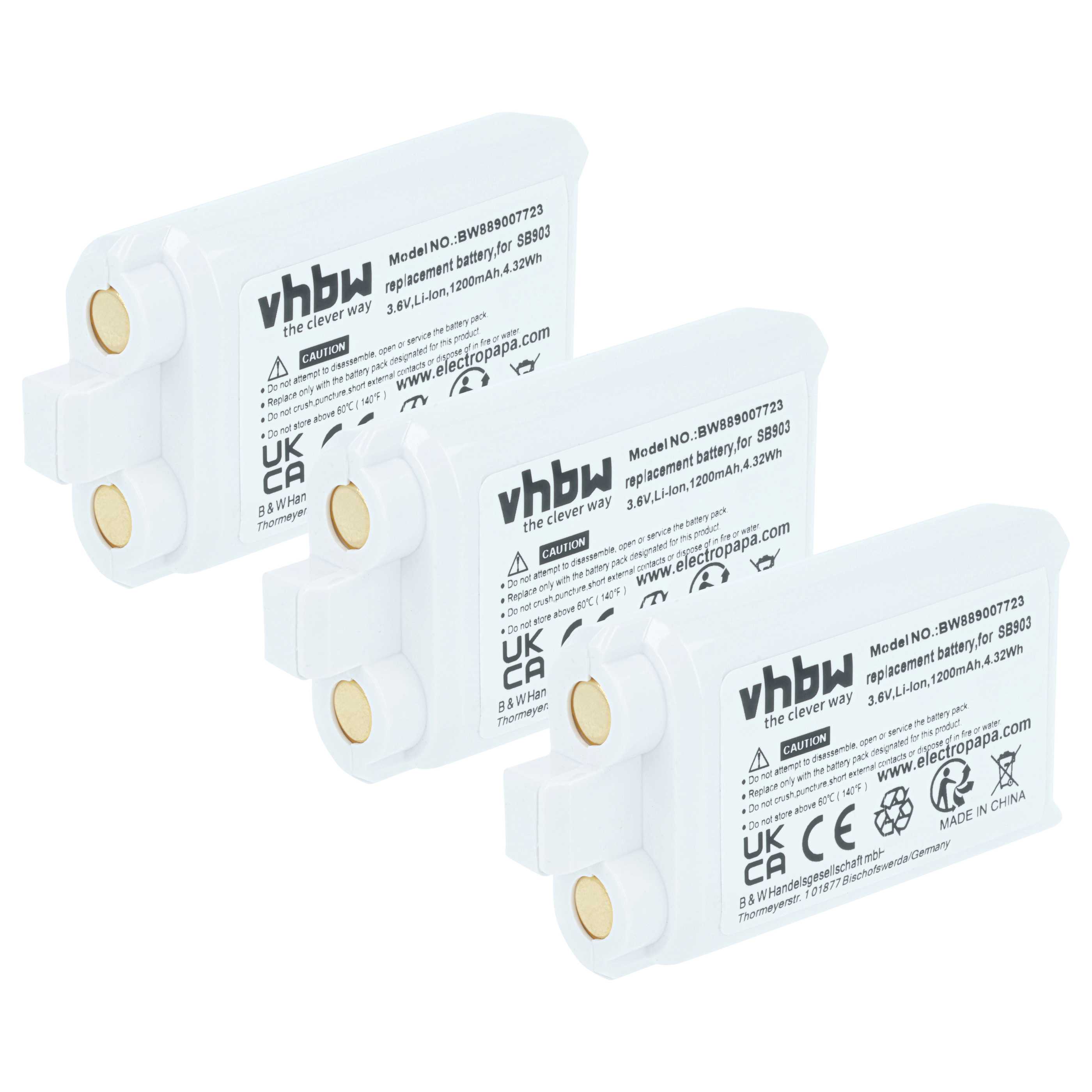 Wireless System 3x Battery replaces Shure SB903 - 1200 mAh 3.7 V Li-Ion