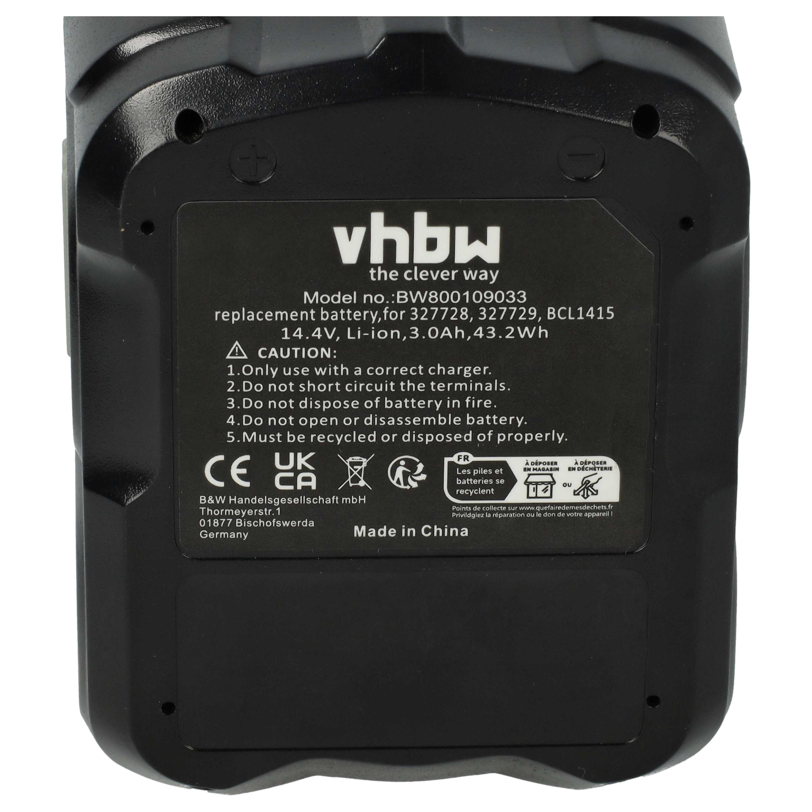 Battery replaces Hitachi BCL1430, BCL1415, 327728, 327729 Electric Power Tool - 3000 mAh, 14.4 V, Li-Ion