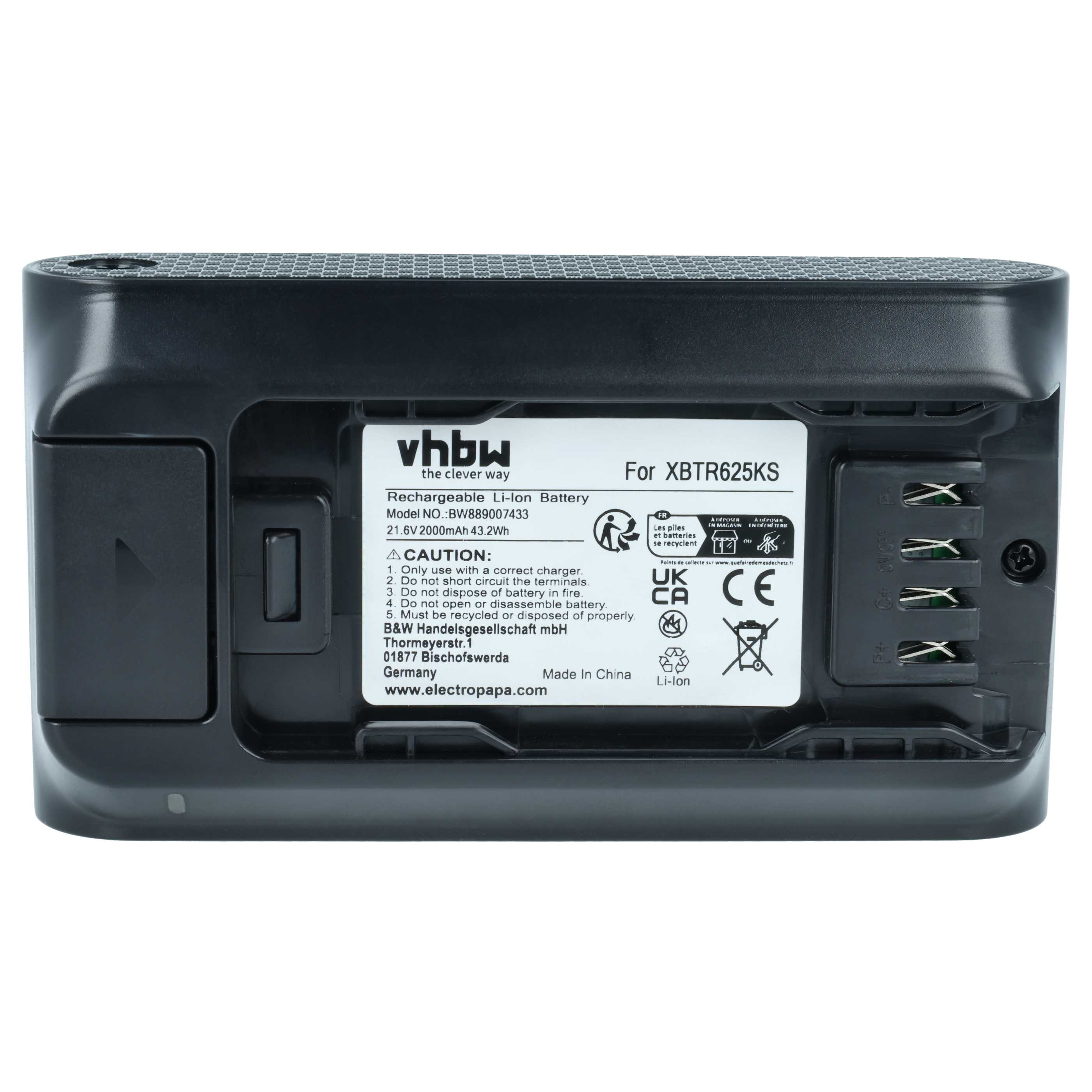 Battery replaces Shark XBTR625KSLN, XBTR625KSLEU, XBTR625KDC, XBTR625 for Shark 2000mAh, 21.6V, Li-Ion