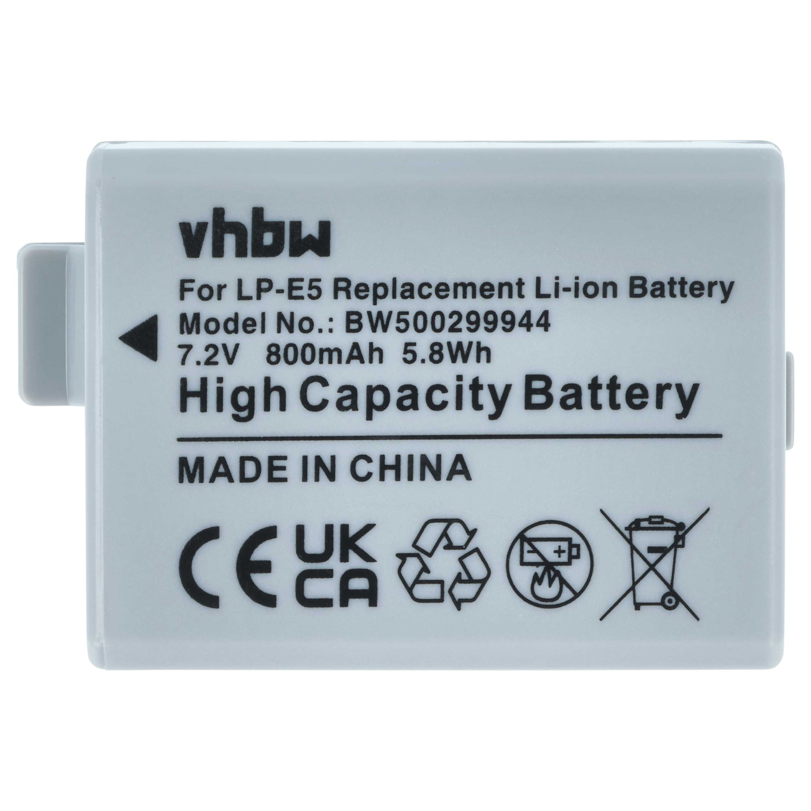 Batteria sostituisce Canon LP-E5, LC-E5 per fotocamera - 800mAh 7,2V Li-Ion
