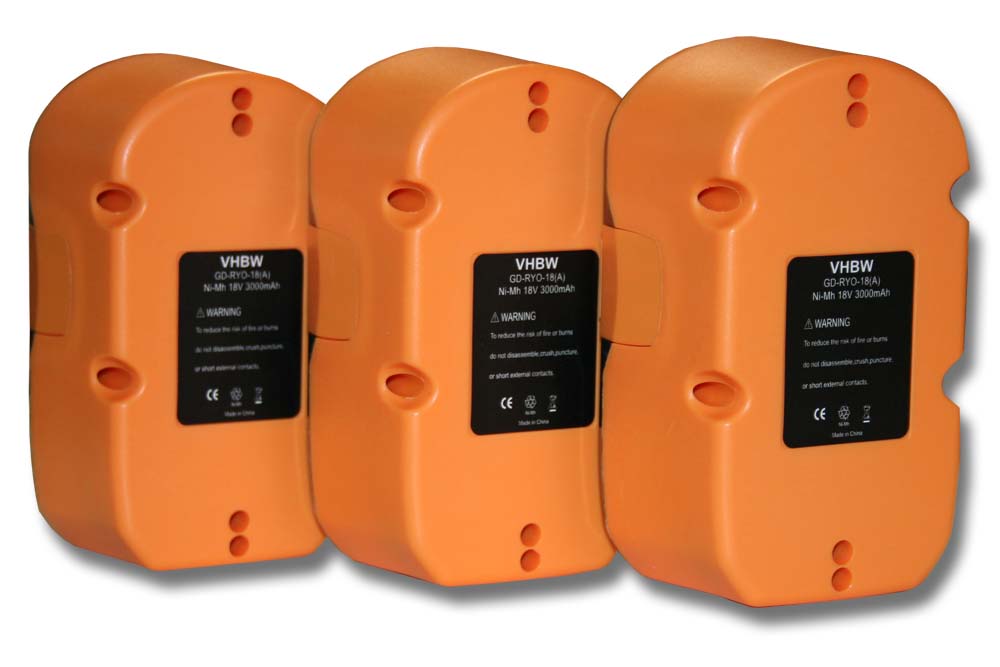 3x Batería reemplaza Ryobi BID-1801M para herramienta - 3000 mAh, 18 V, NiMH