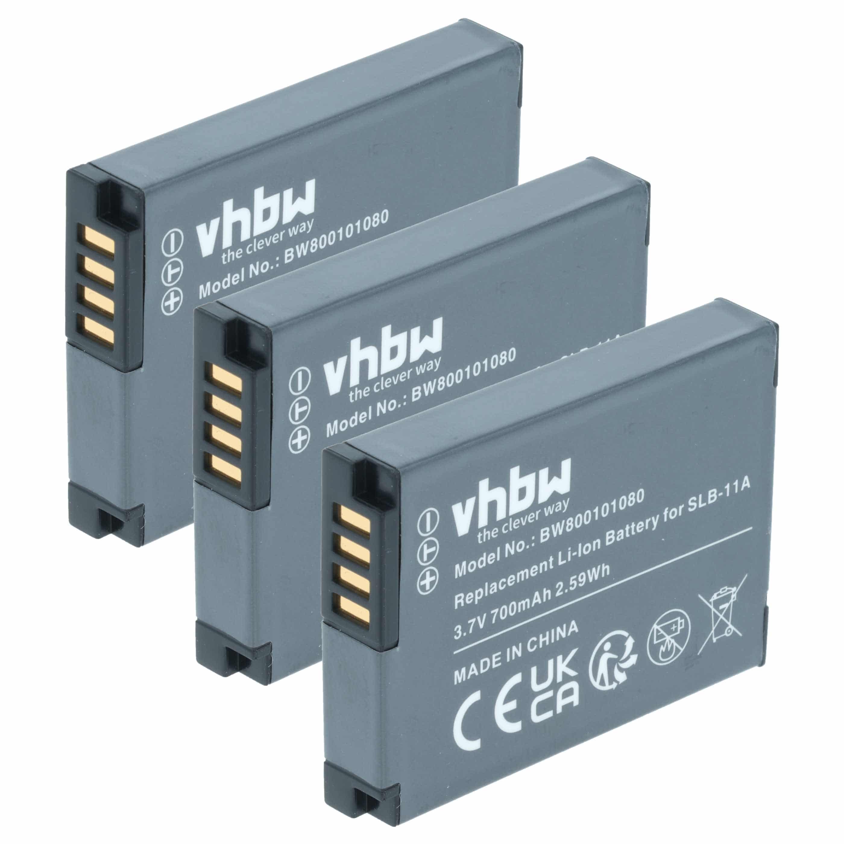 3x Battery replaces Samsung SLB-11a - 700mAh, 3.6V, Li-Ion