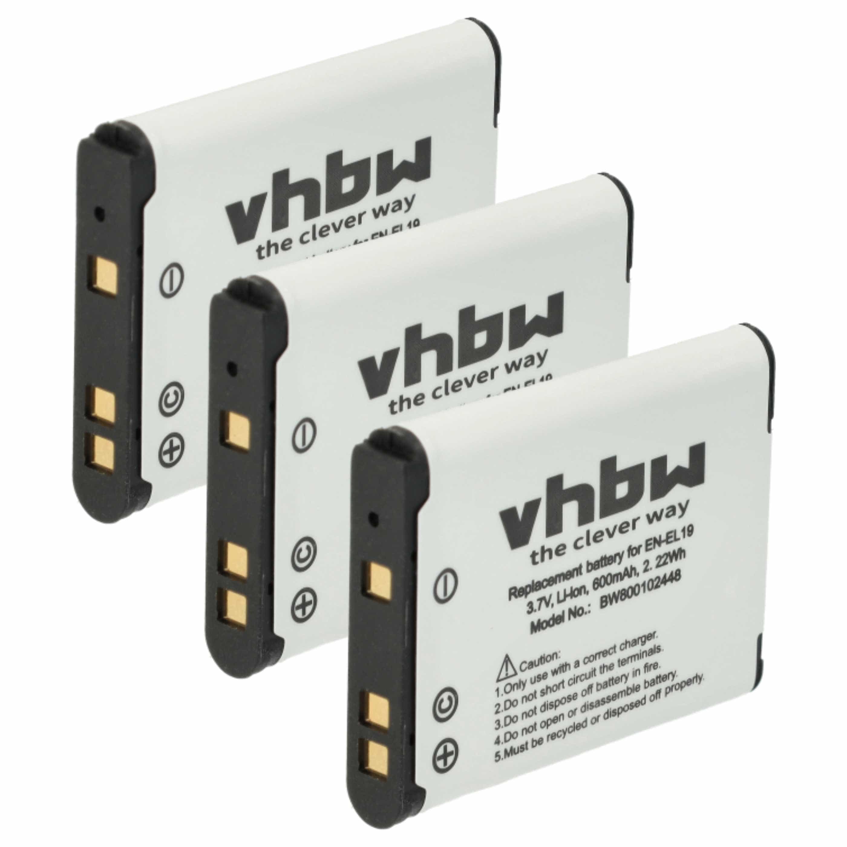 3x Battery replaces Nikon EN-EL19 - 600mAh, 3.7V, Li-Ion
