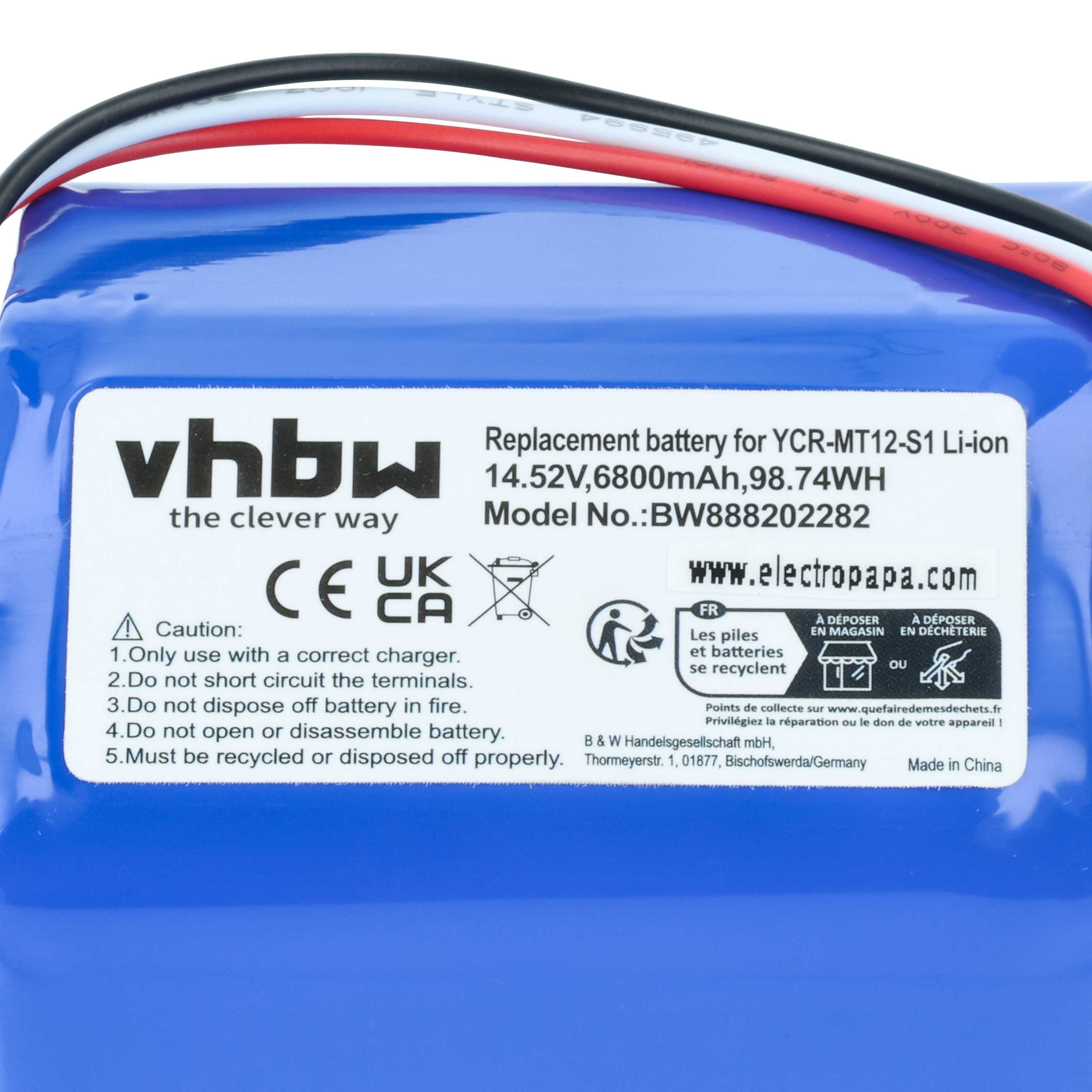 Battery replaces iClebo YCR-MT12-S1, YCR-M07-20W for iClebo etc. 6800mAh, 14.52V, Li-Ion