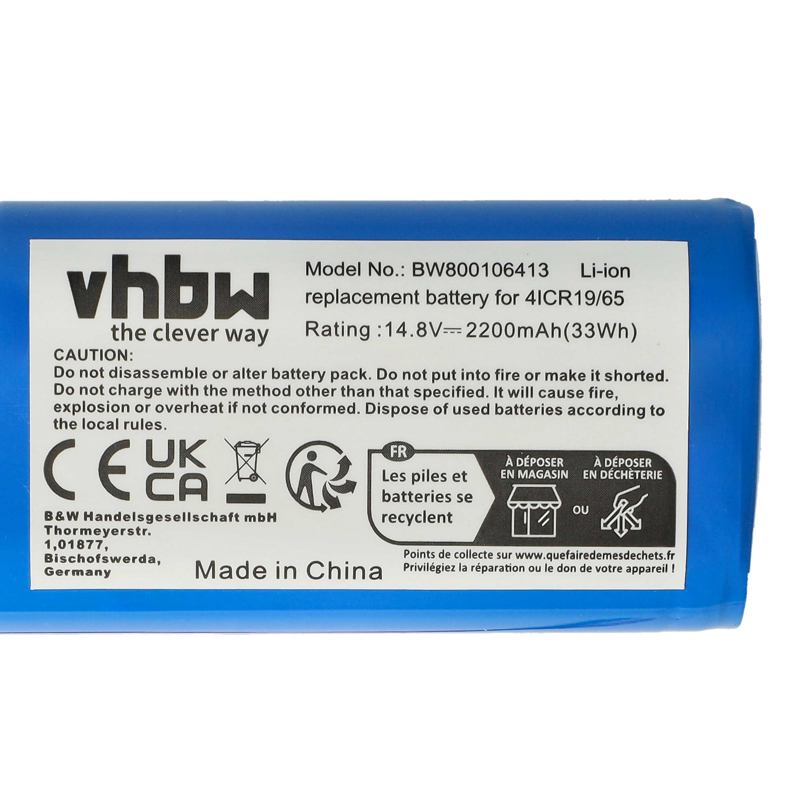 Battery Replacement for Ecovacs 4ICR19/65, INR18650-M26-4S1P, BL7402A for - 2200mAh, 14.8V, Li-Ion