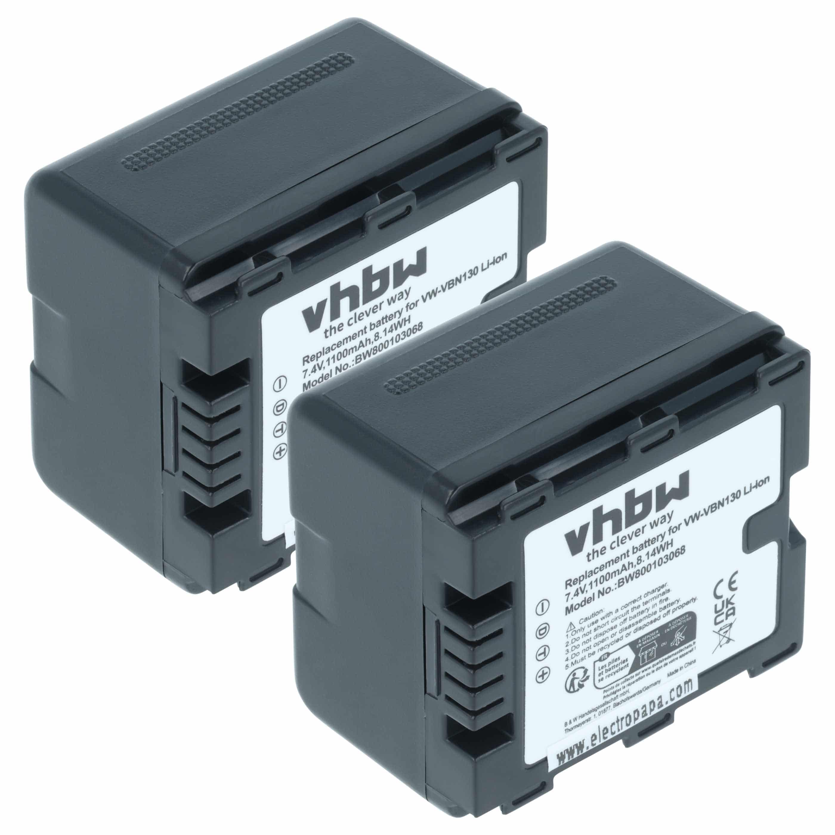 Videocamera 2x Battery replaces Panasonic VW-VBN130E-K, VW-VBN130E, VW-VBN130 - 1100 mAh 7.2 V Li-Ion