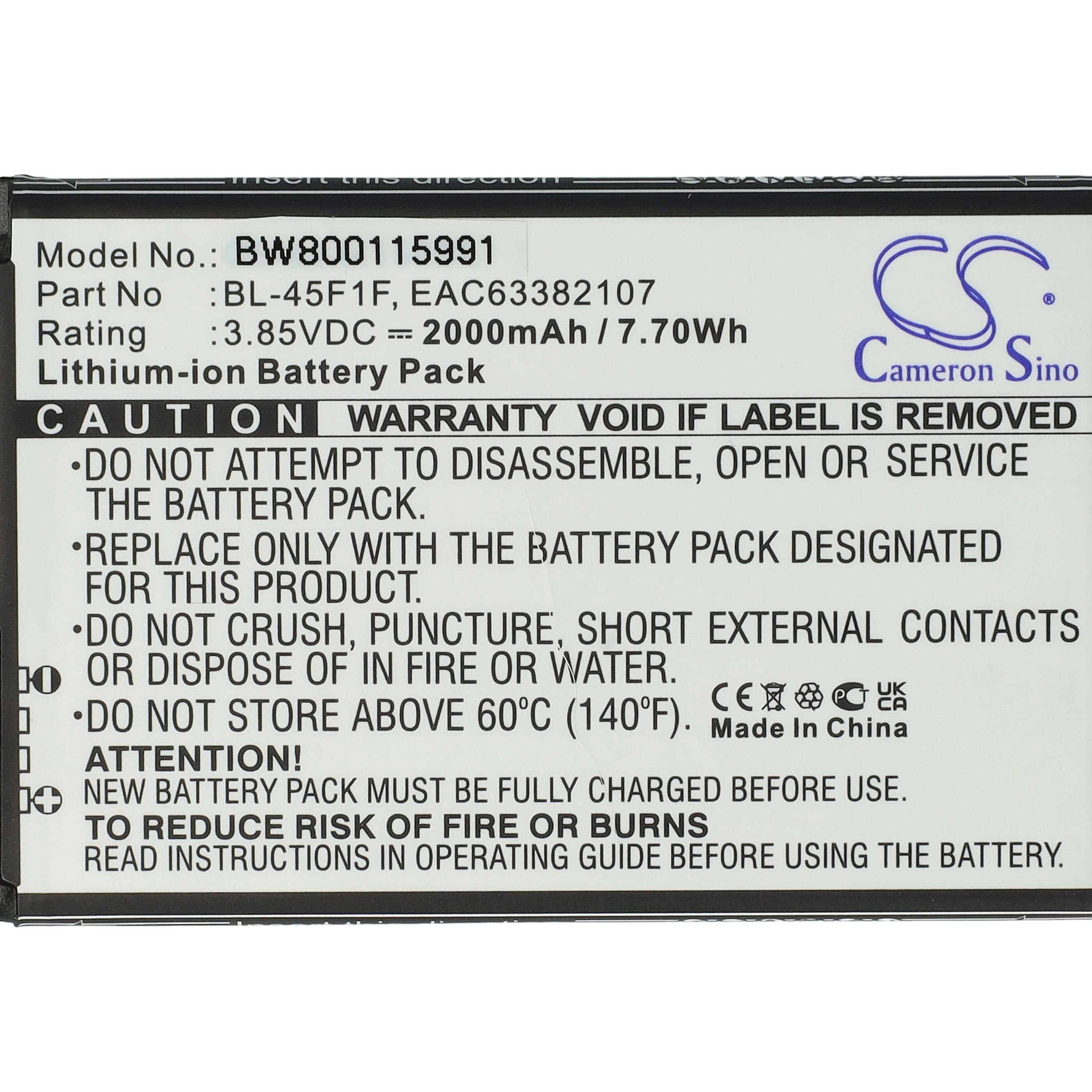 Batterie remplace LG BL-45F1F, EAC63361401, EAC63321601 pour téléphone portable - 2000mAh, 3,85V, Li-ion