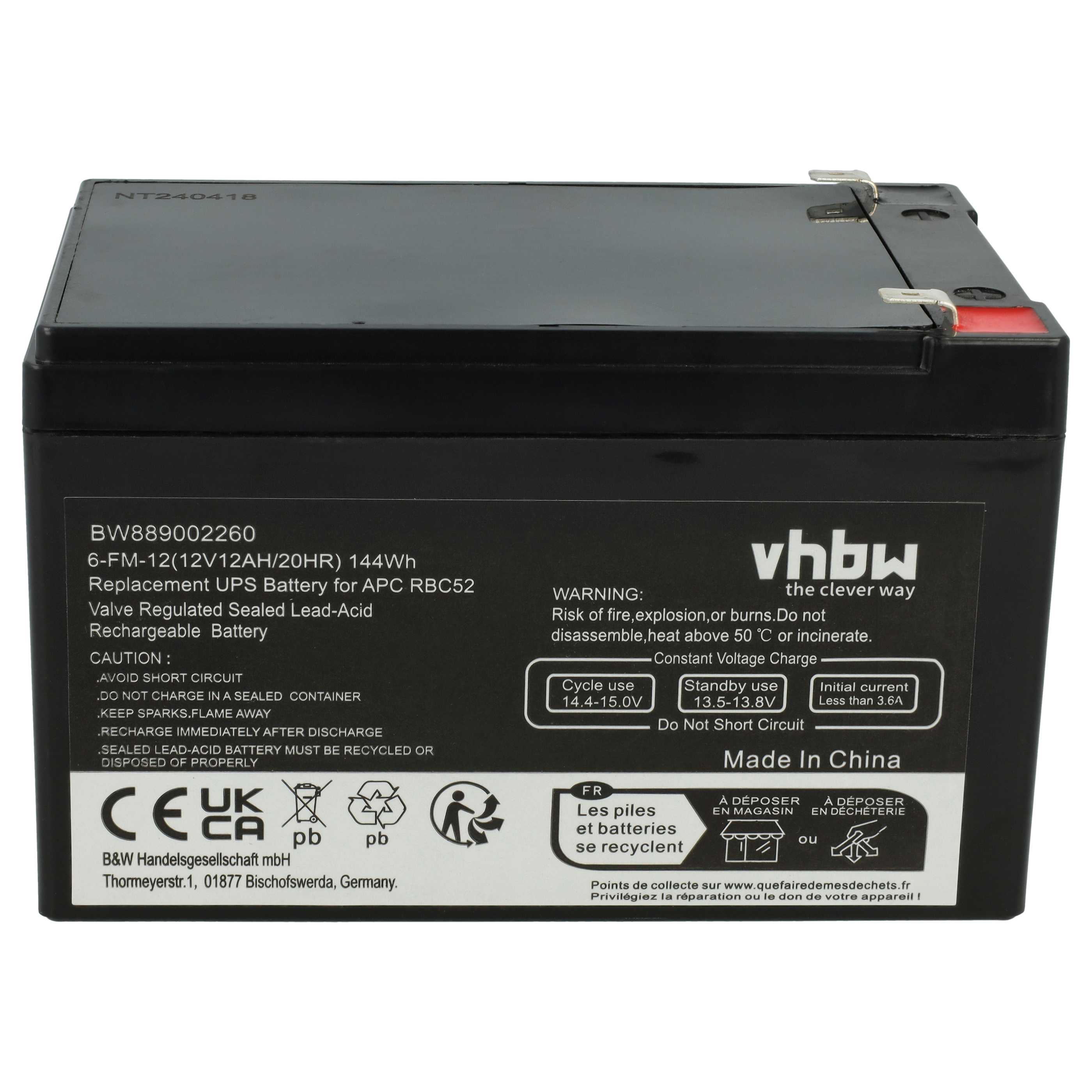 Batterie (2 pcs.) remplace APC AGM07, RBC52 ASI - 12000mAh 12V AGM