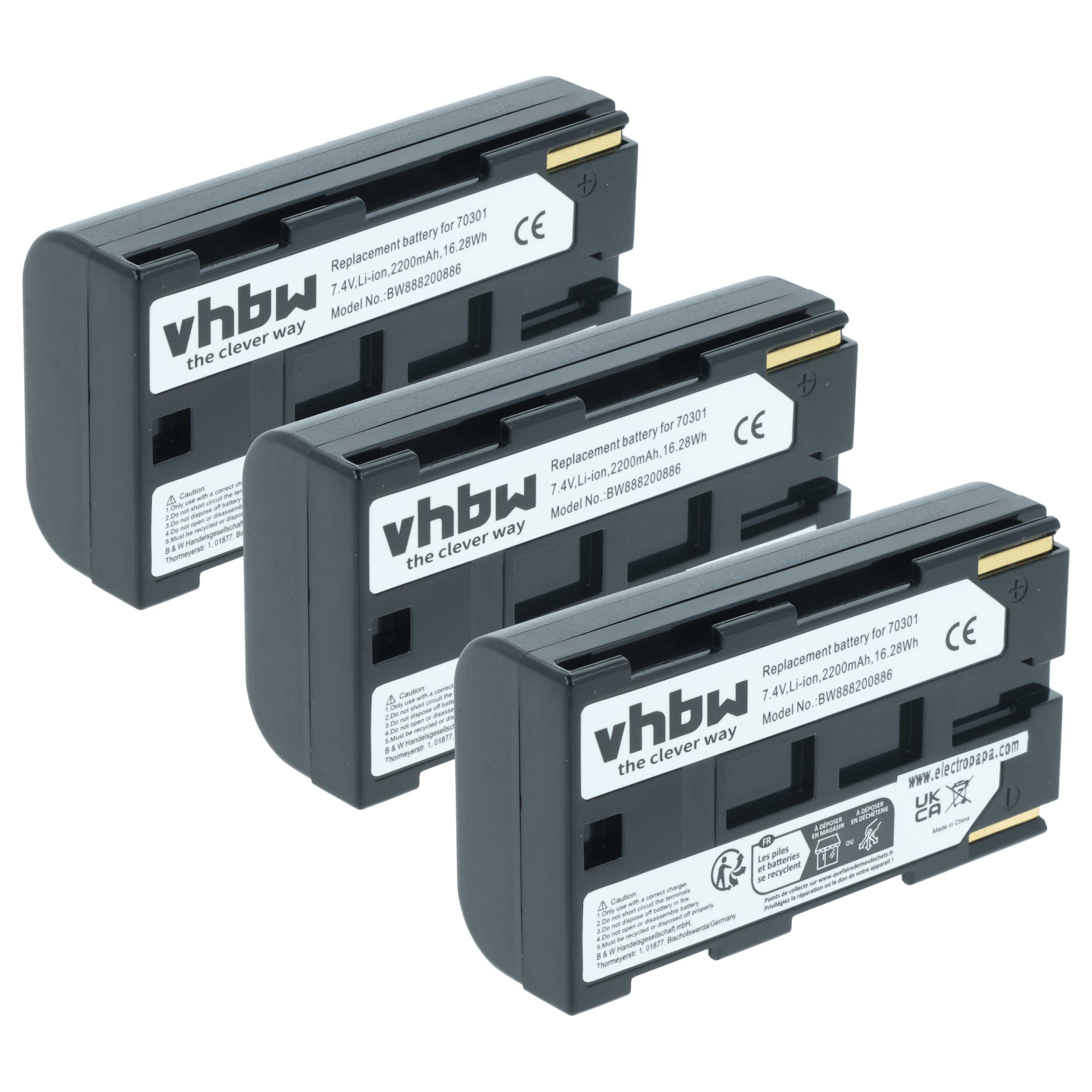 3x Battery replaces Phase One 70301 - 2200mAh, 7.4V, Li-Ion