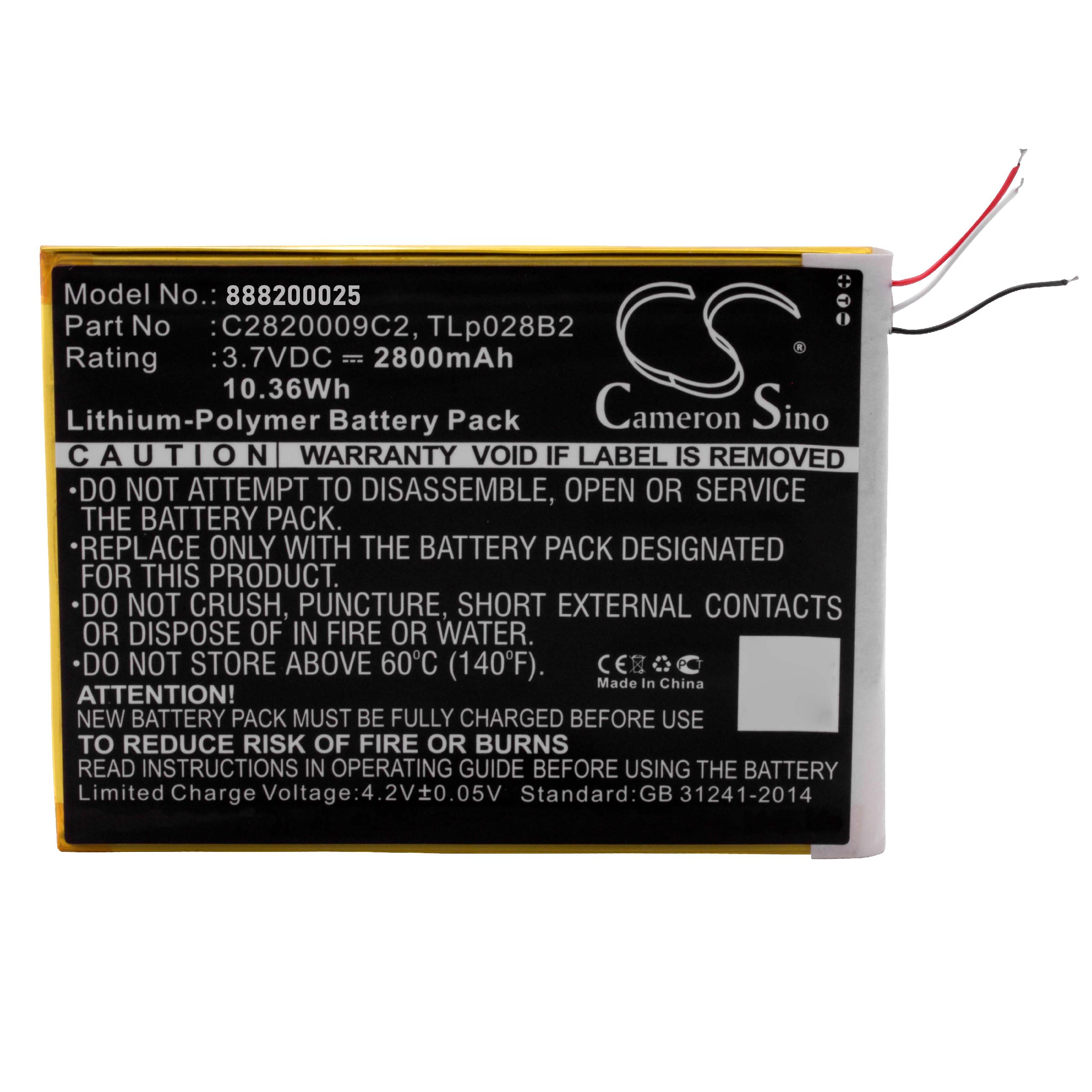 Batterie remplace Alcatel TLp028BD, TLp028B2, C2820009C2, TLp028BC pour tablette - 2800mAh 3,7V Li-polymère