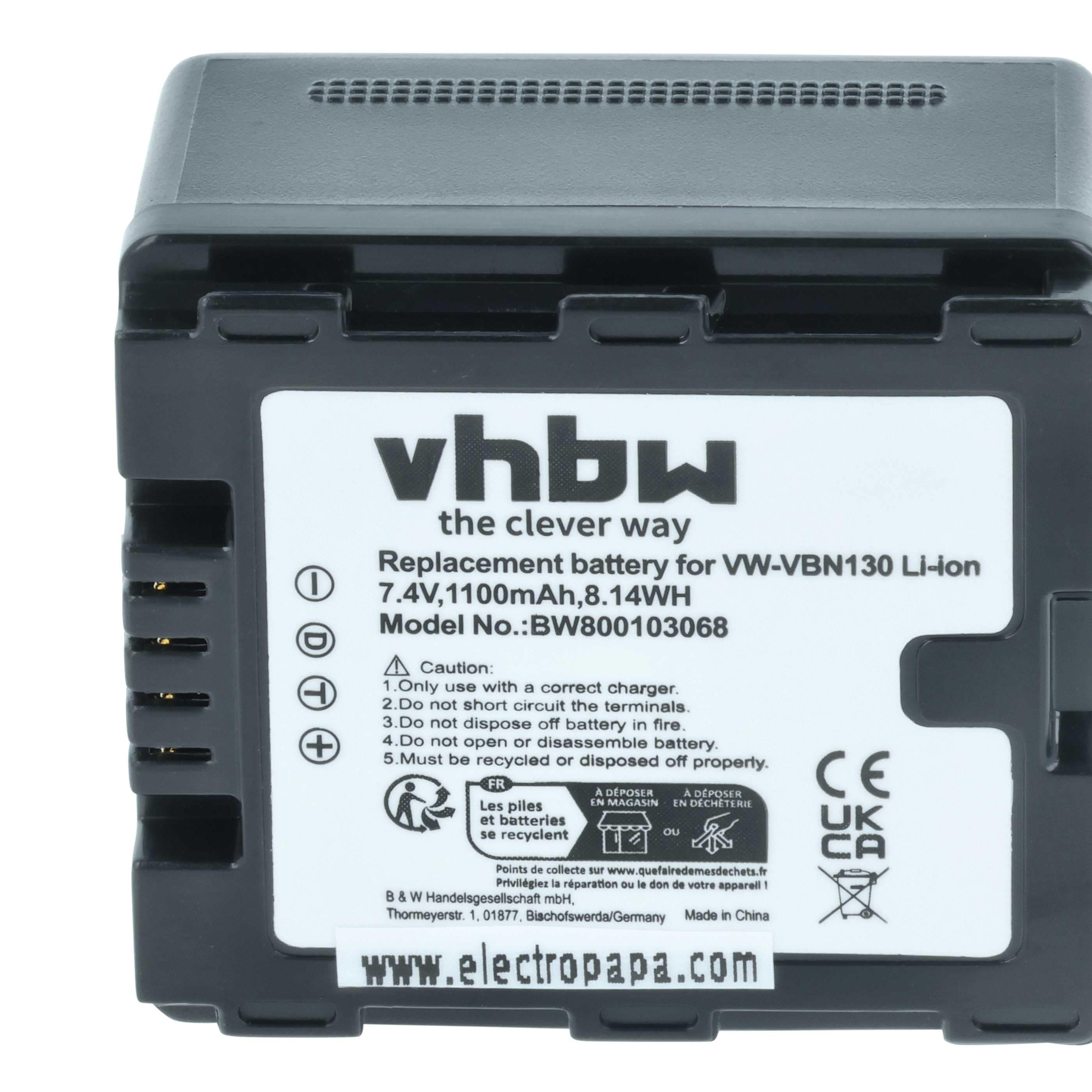 Videocamera Battery replaces Panasonic VW-VBN130, VW-VBN130E, VW-VBN130E-K, VW-VBN260 - 1100 mAh 7.2 V Li-Ion