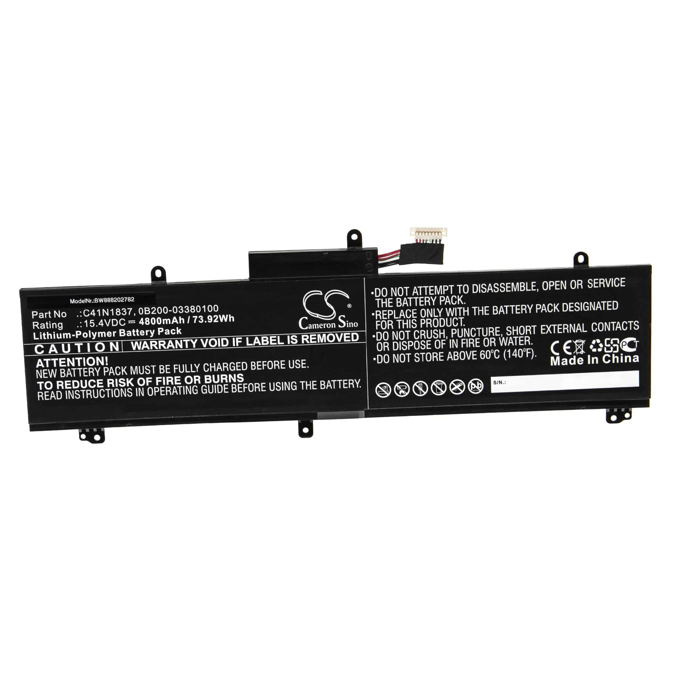 Batterie remplace Asus C41N1837, 0B200-03380100 pour ordinateur portable - 4800mAh 15,4V Li-polymère